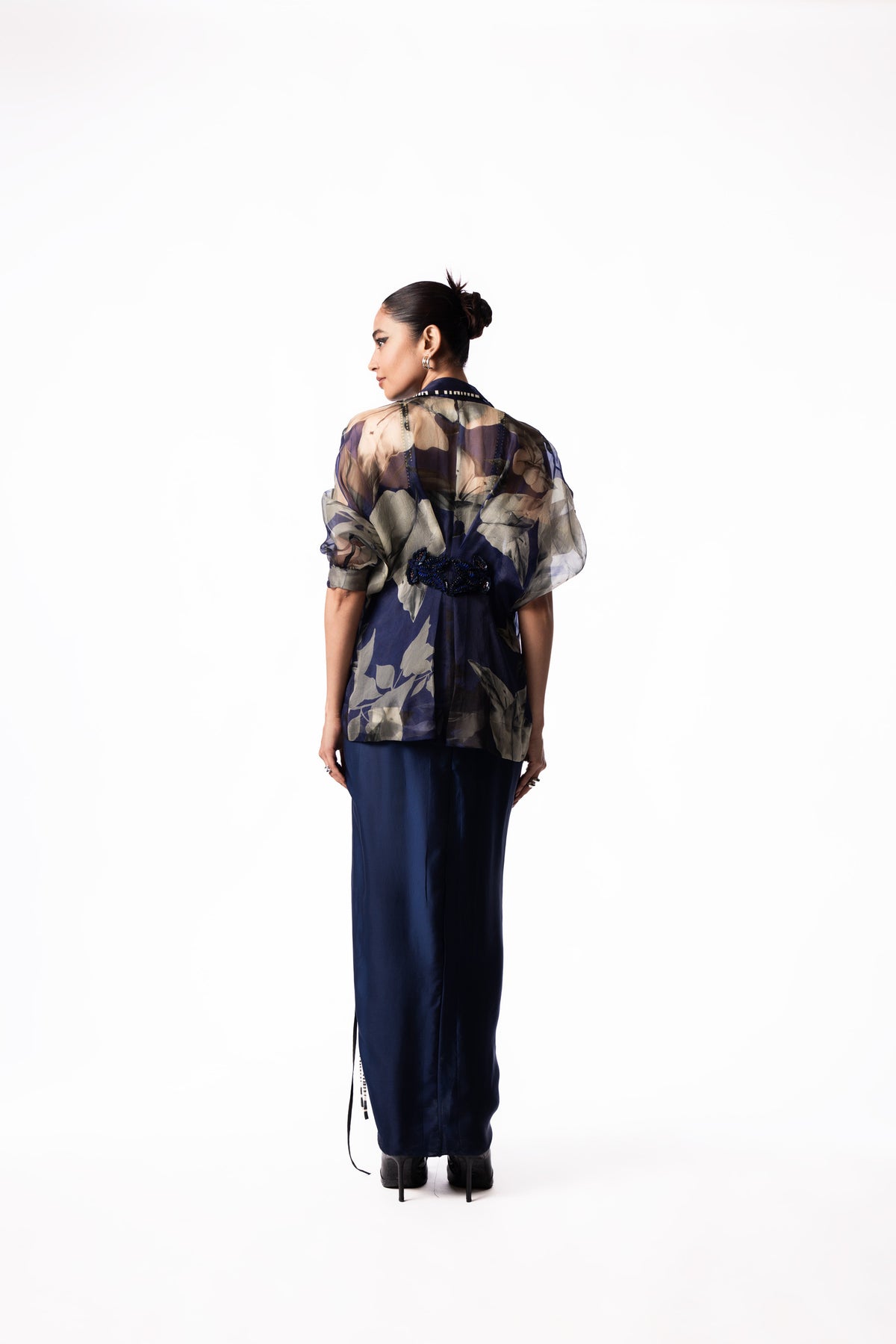 Navy Plain Satin Draped Bustier Peplum Jacket Dress