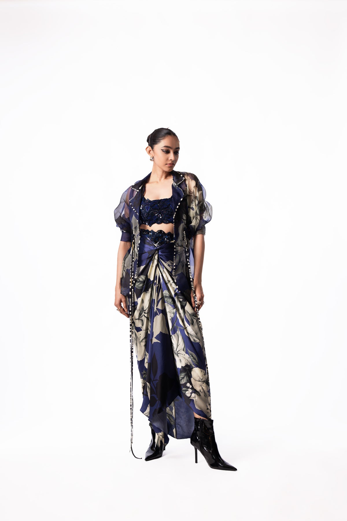 Navy Printed Satin Cowl Peplum Jacket Dress