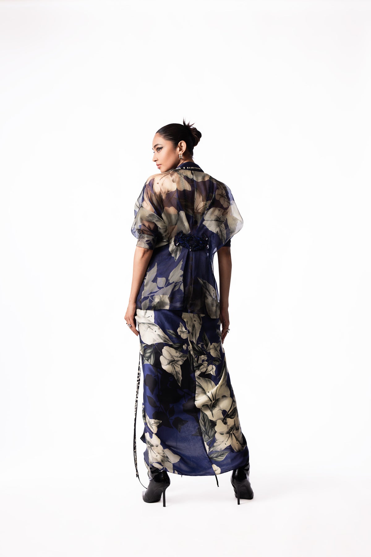 Navy Printed Satin Cowl Peplum Jacket Dress