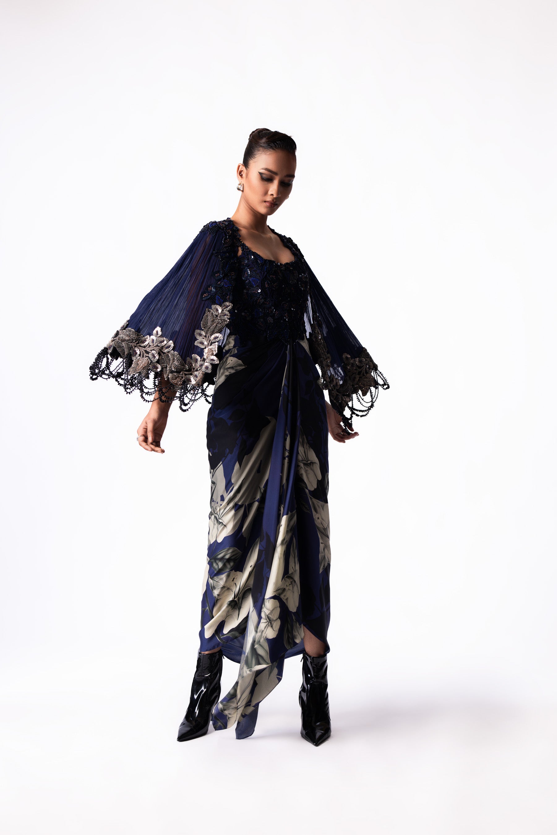 Navy Printed Draped Bustier Short Cape Dress