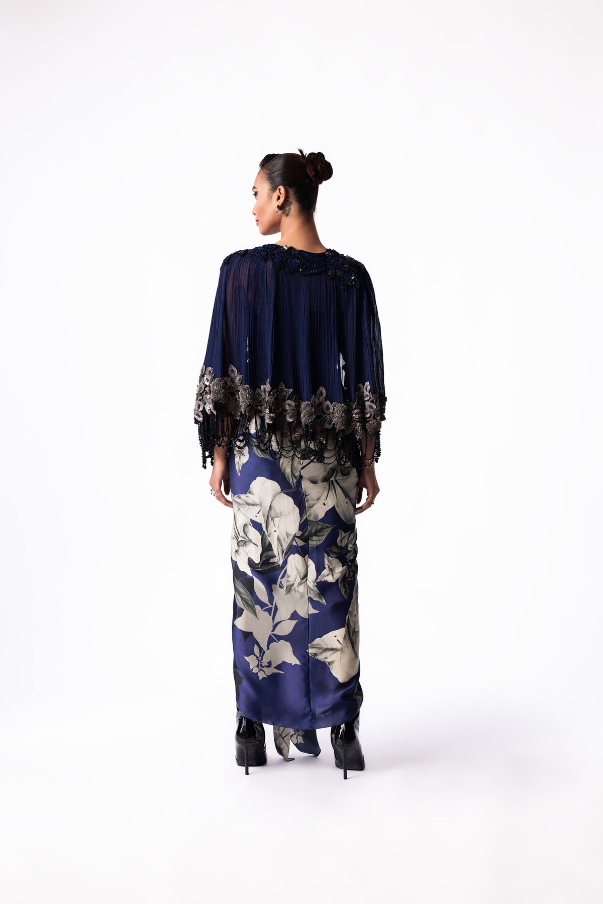Navy Printed Draped Bustier Short Cape Dress