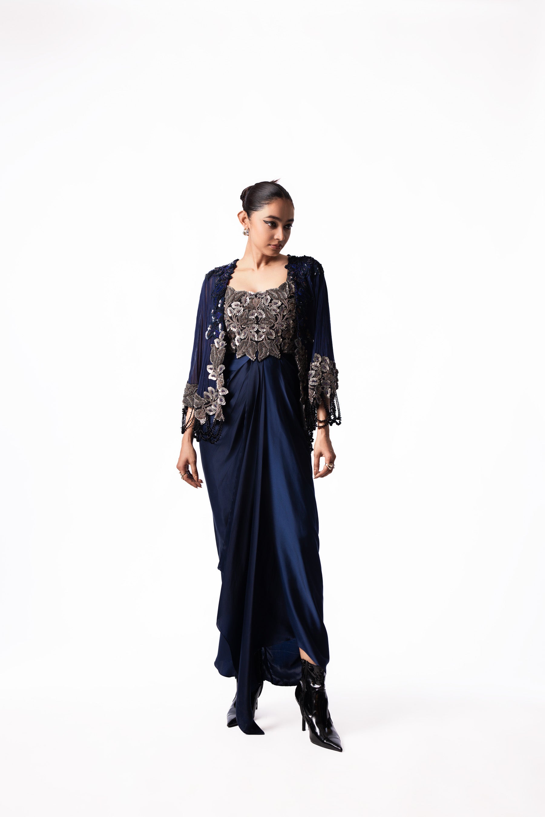 Silver Sequin Draped Bustier Short Cape Dress