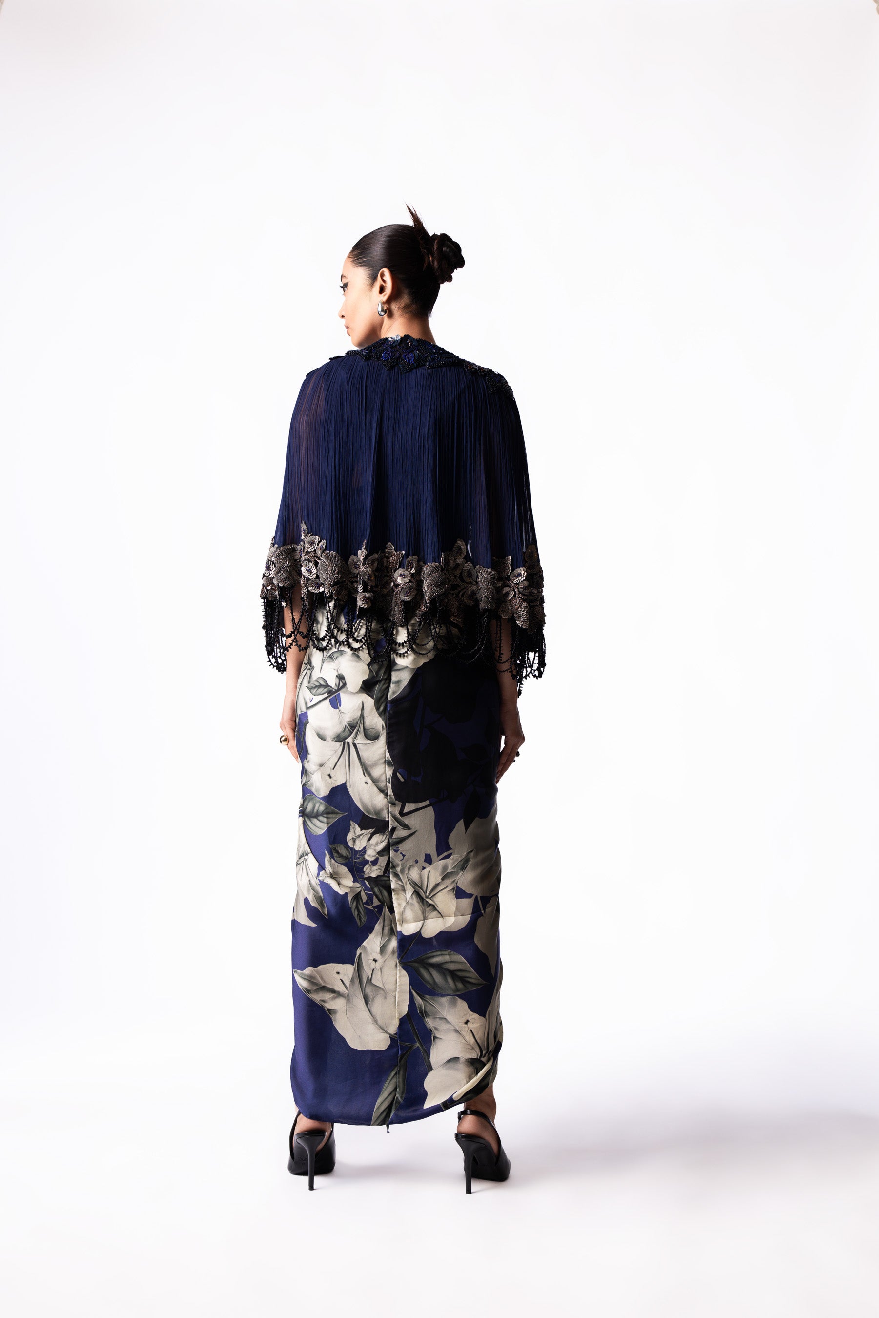 Silver Navy Printed V Neck Bustier Short Cape Dress