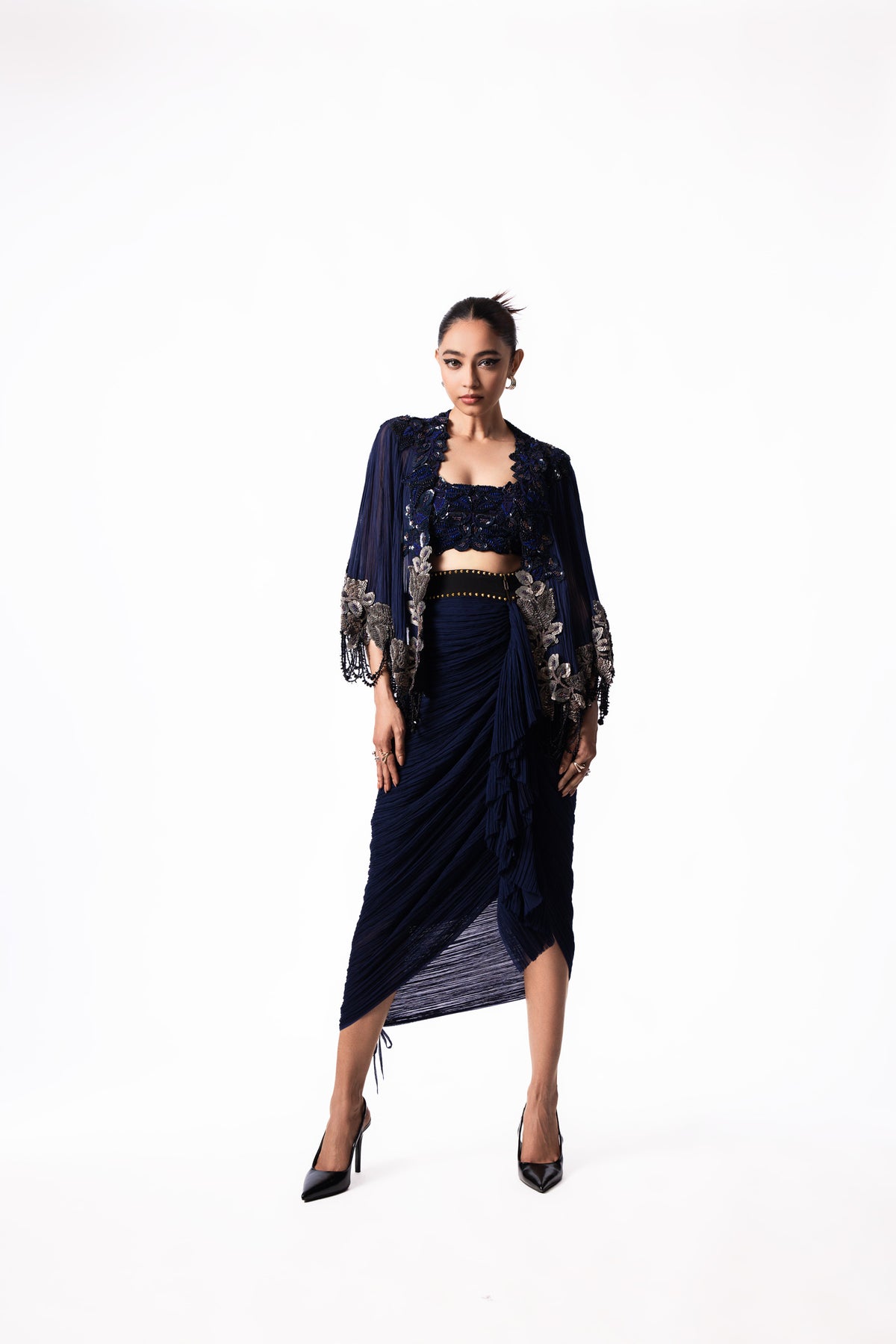 Navy Sequin Bustier Knot Skirt Short Cape Set
