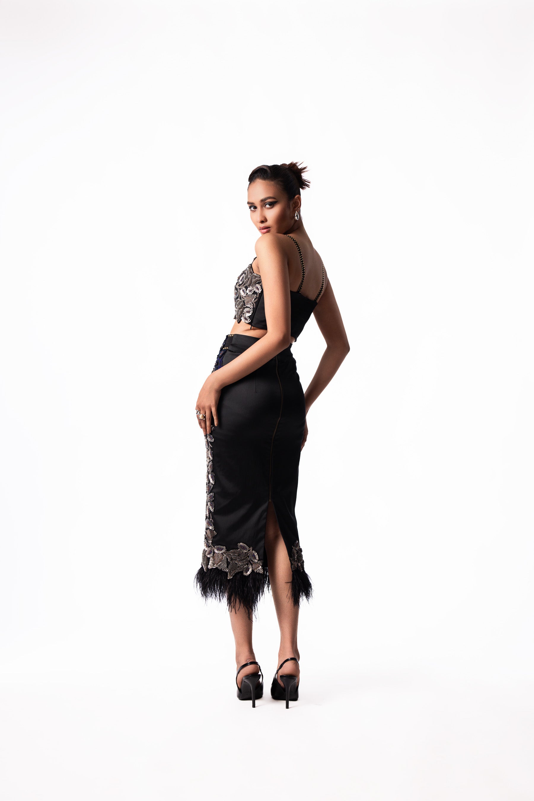 Silver Sequin Bustier Feather Skirt Set
