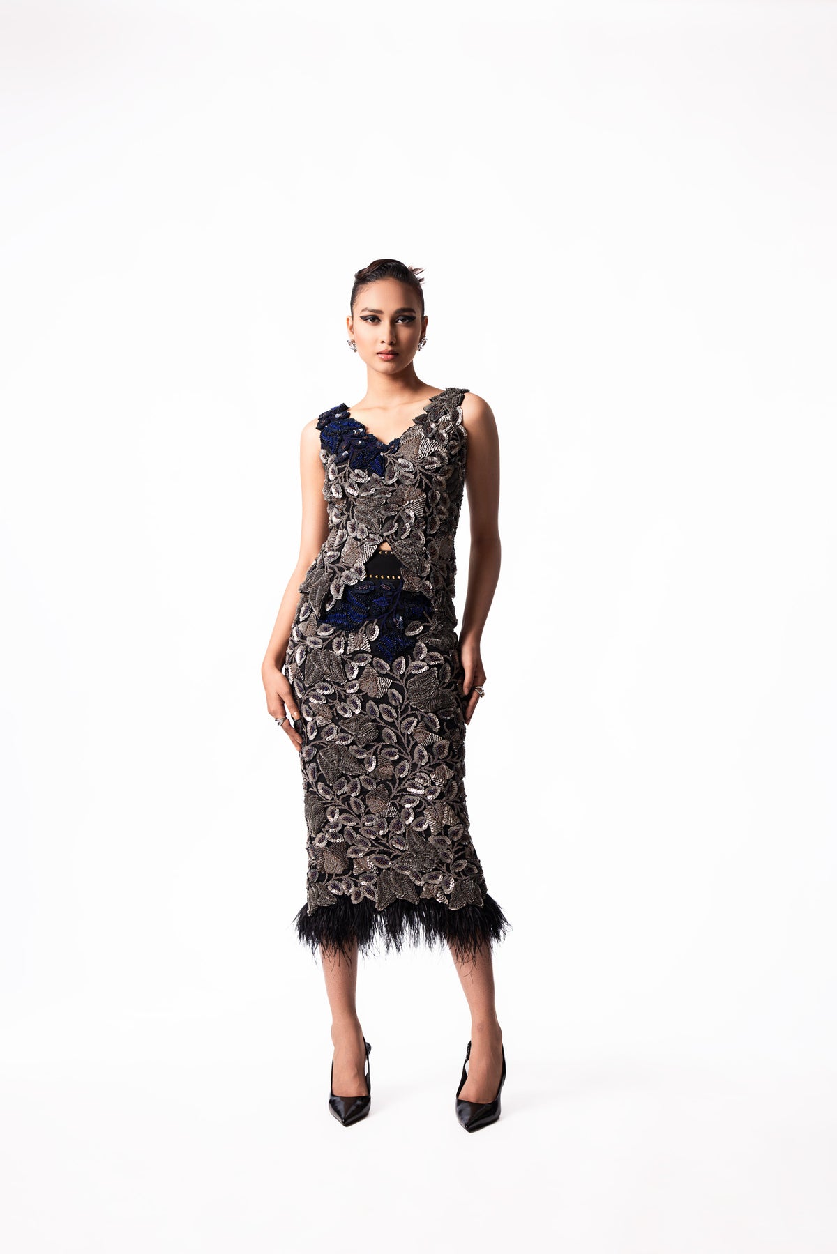 Silver Navy Sequin Bougain Top Feather Skirt Set