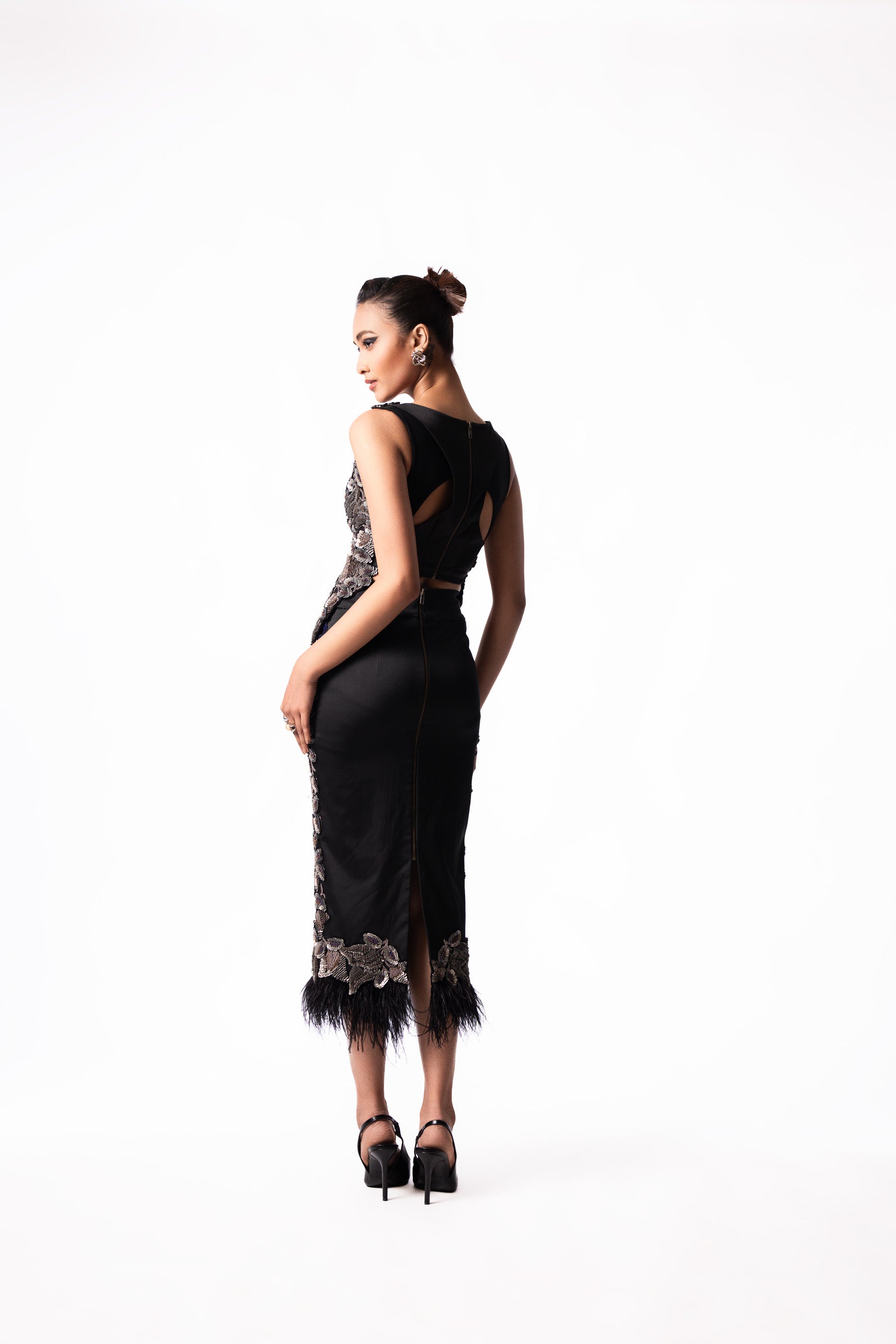 Silver Navy Sequin Bougain Top Feather Skirt Set