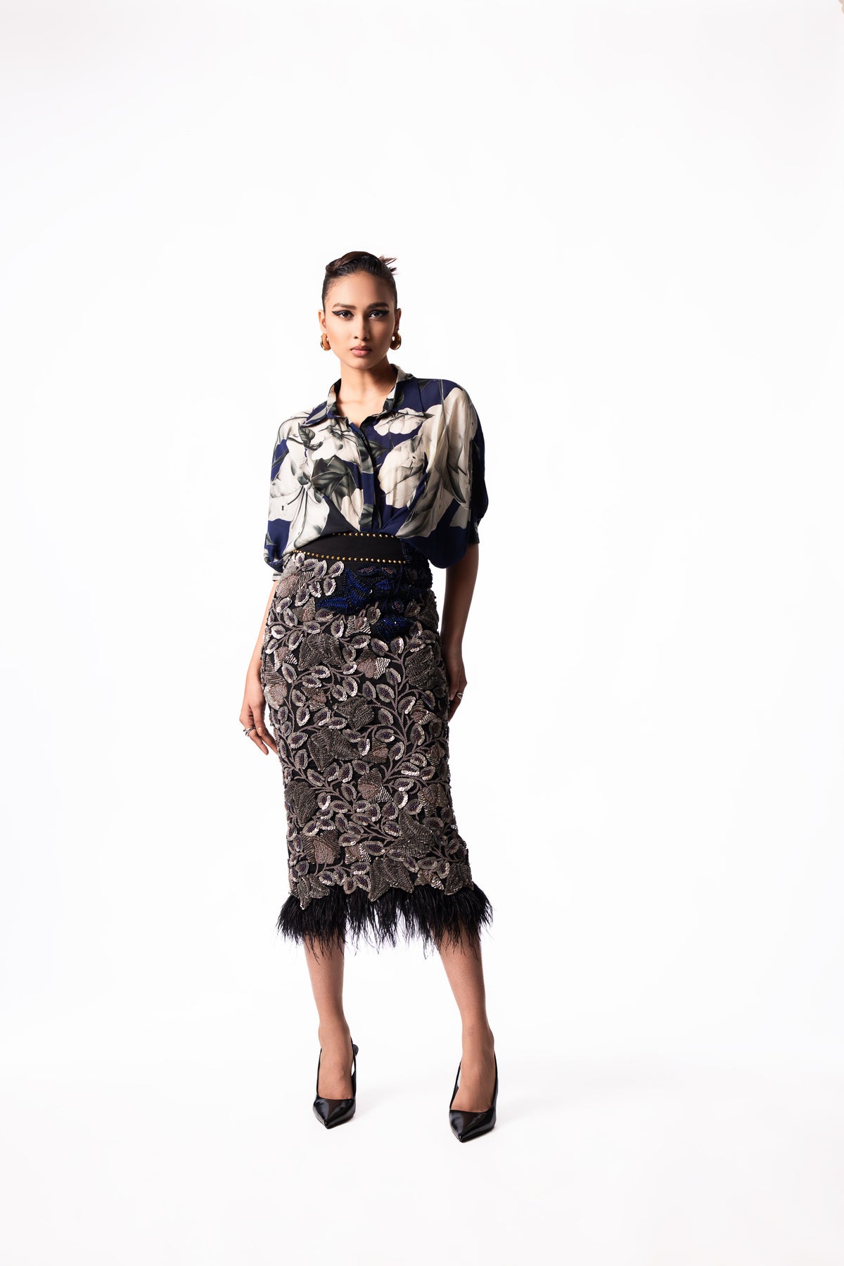 Navy Studded Drawstring Shirt Feather Skirt Set