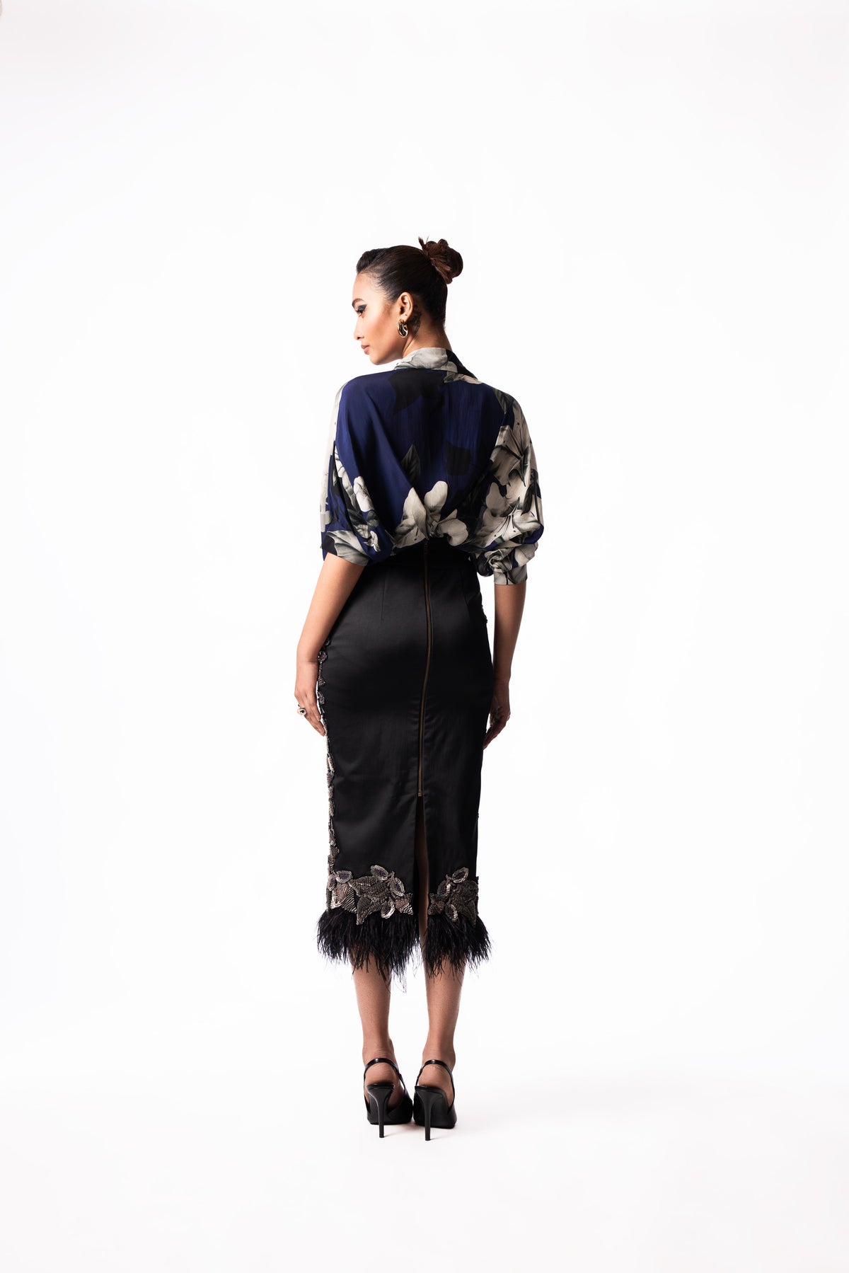 Navy Printed Peplum Shirt Feather Skirt Set