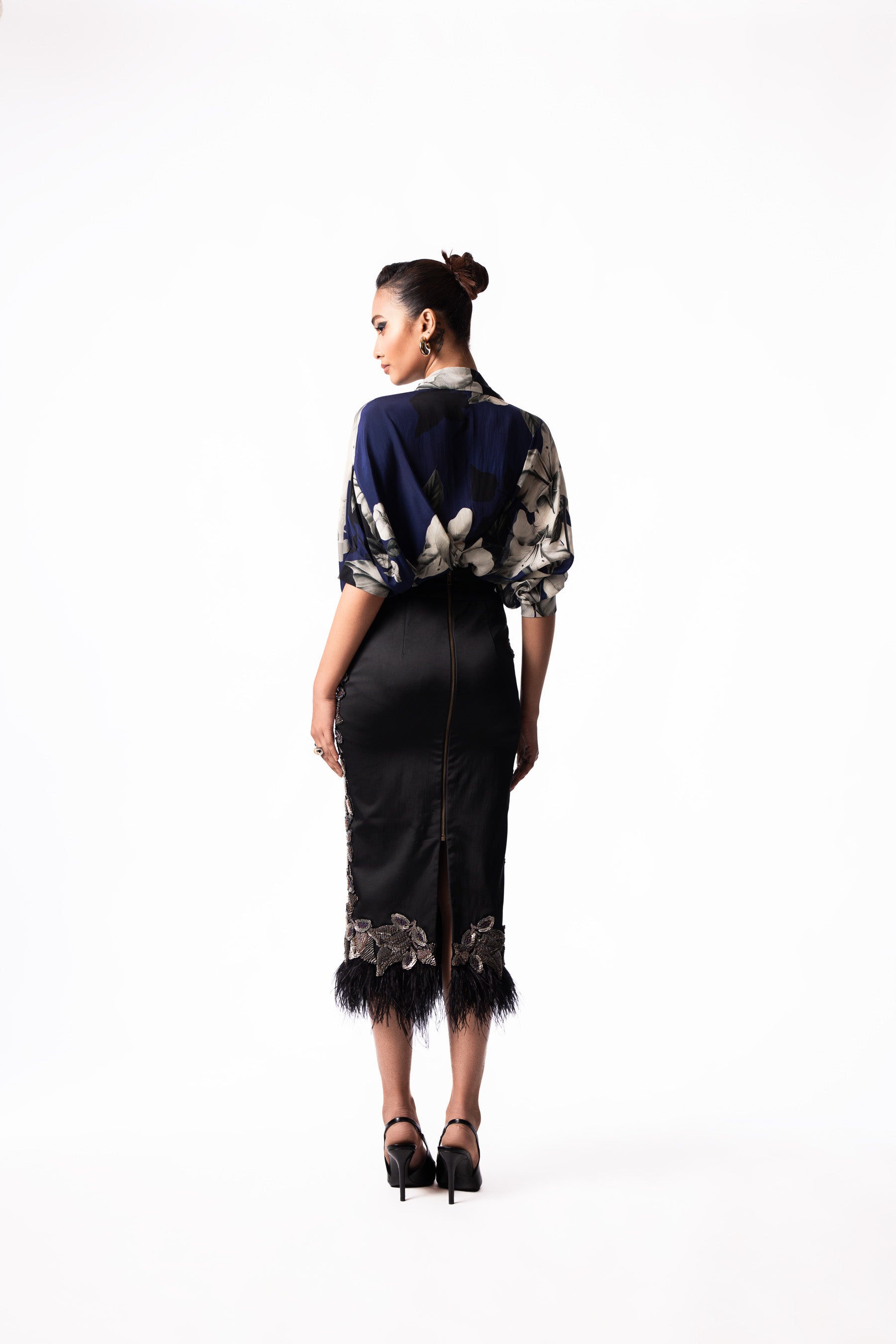 Navy Studded Drawstring Shirt Feather Skirt Set