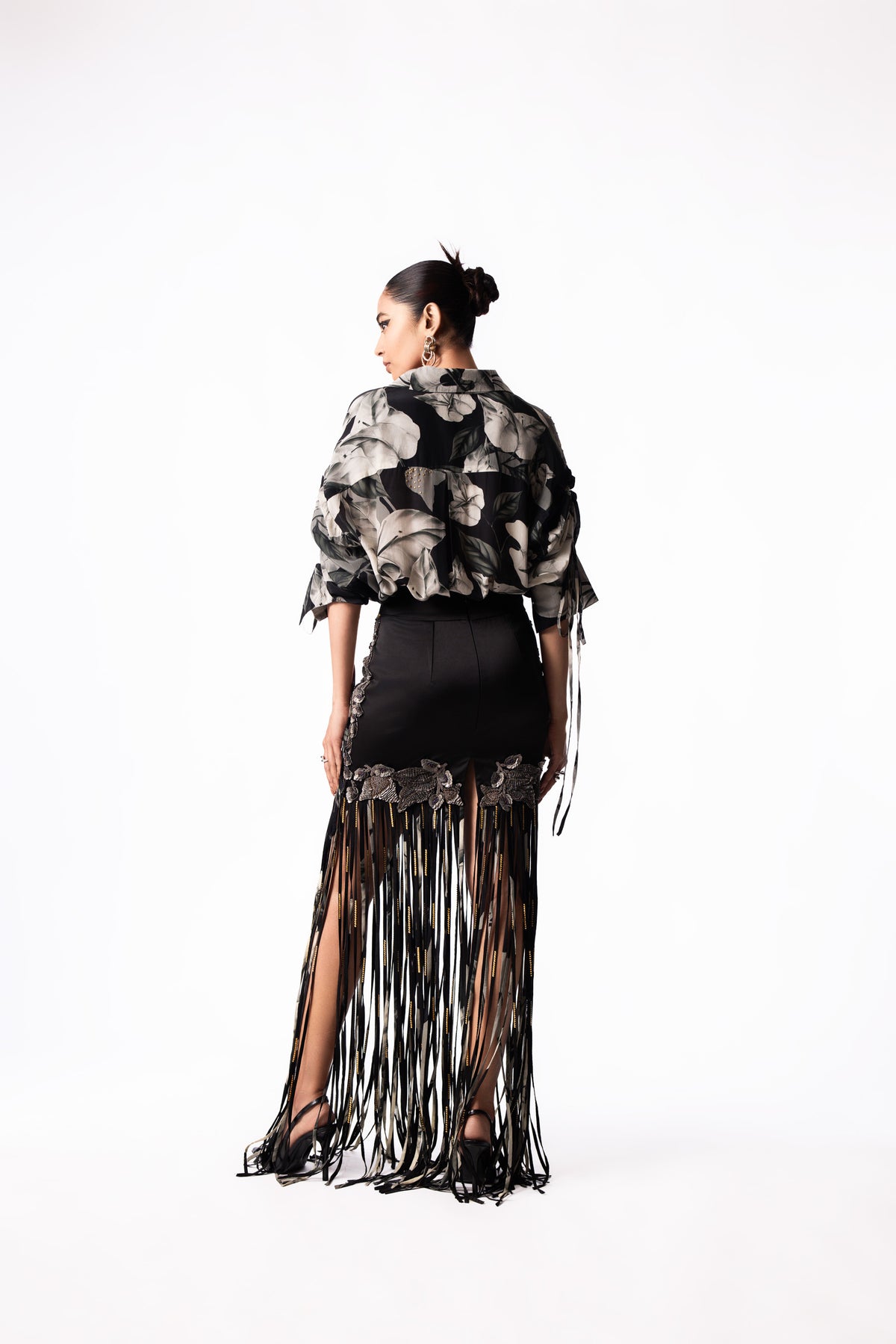 Black Printed Drawstring Shirt Sequin Mini Skirt Set
