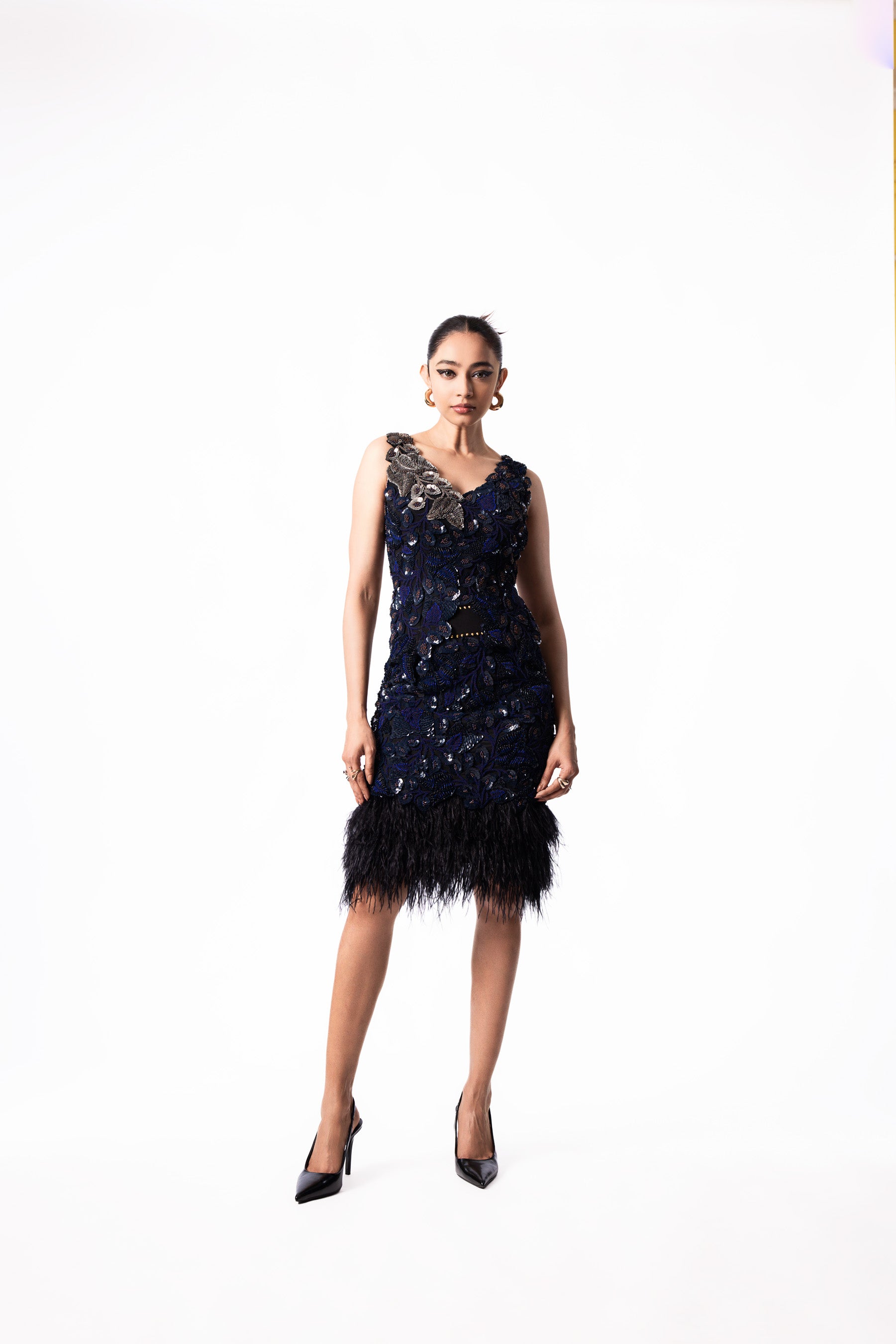 Navy Sequin Bougain Top Feather Skirt Set