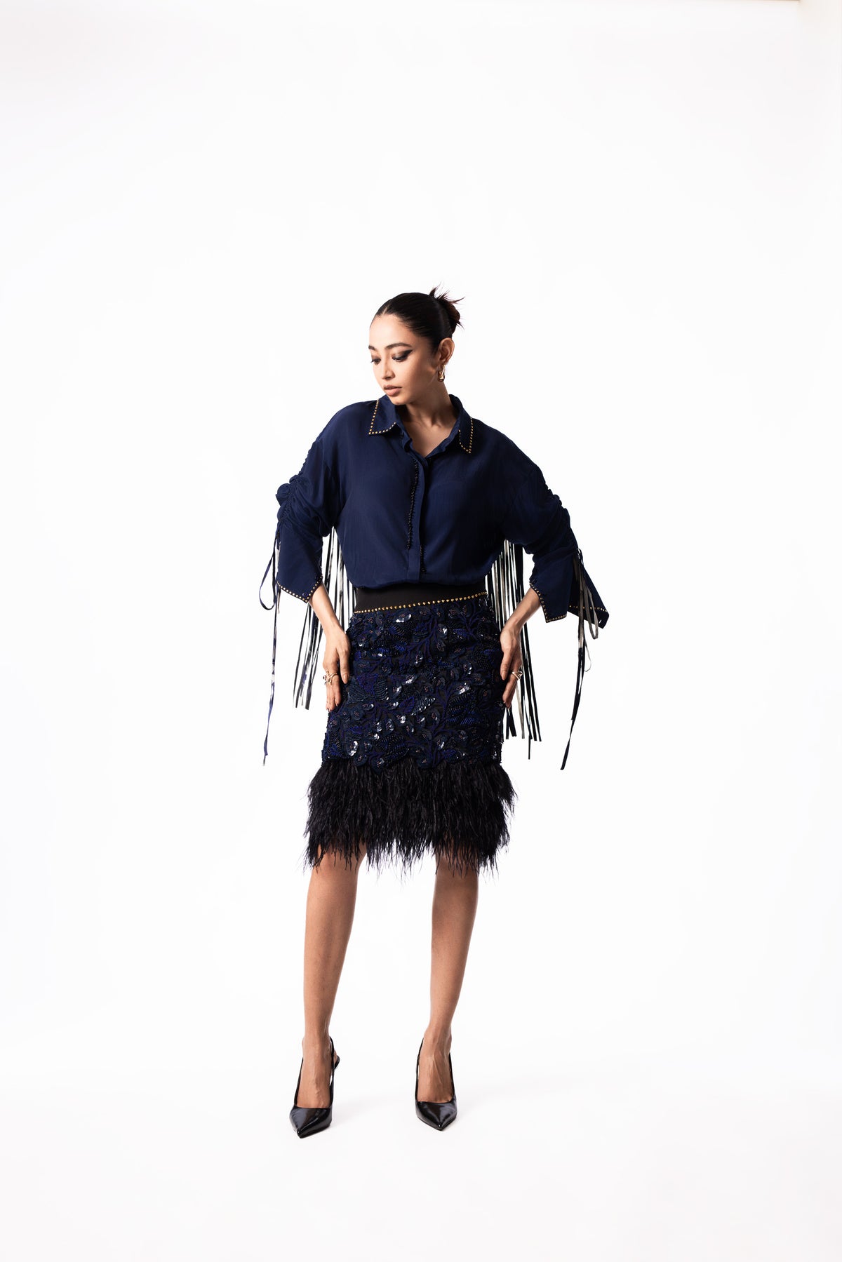 Navy Studded Drawstring Shirt Feather Skirt Set