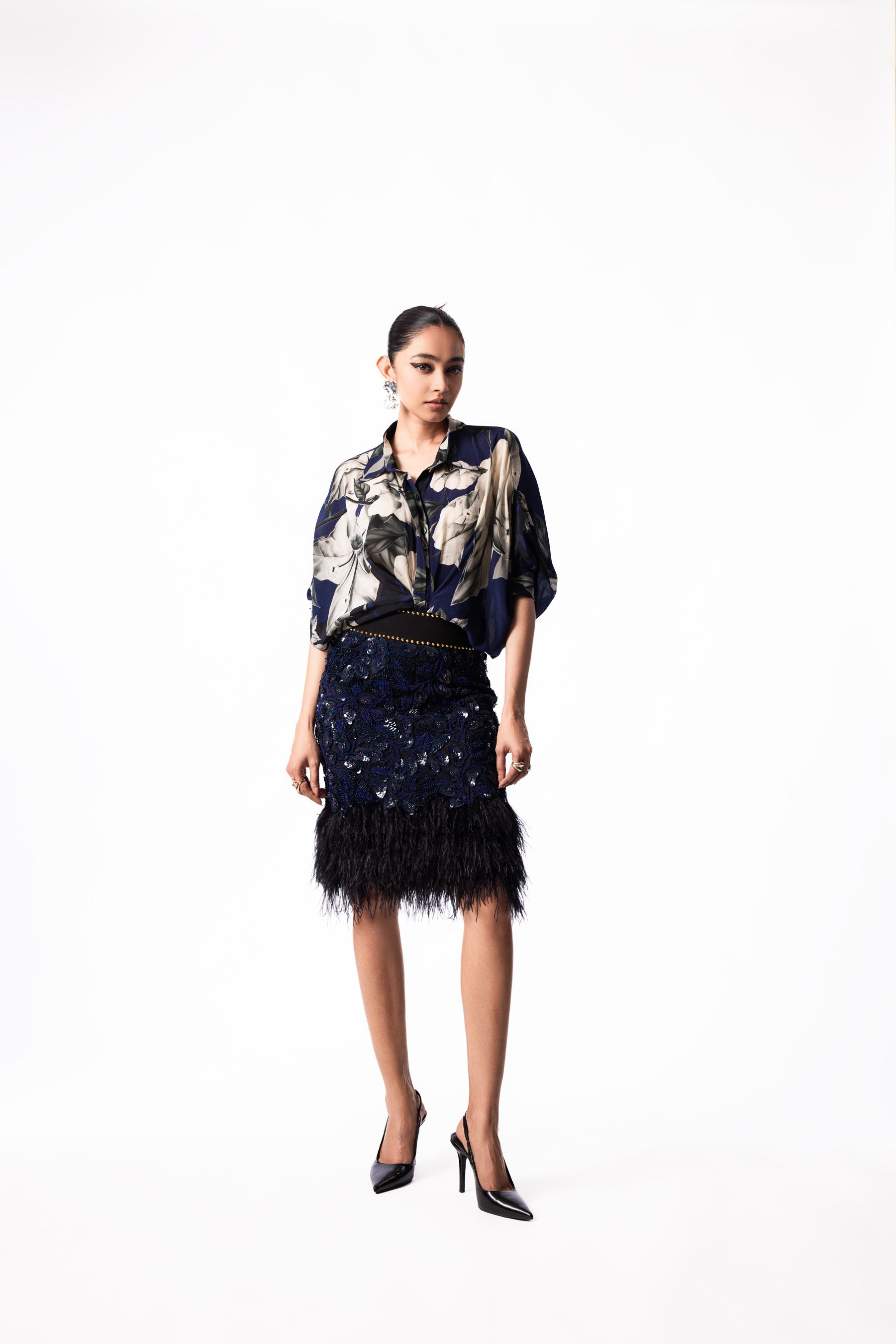 Navy Printed Peplum Shirt Feather Skirt Set