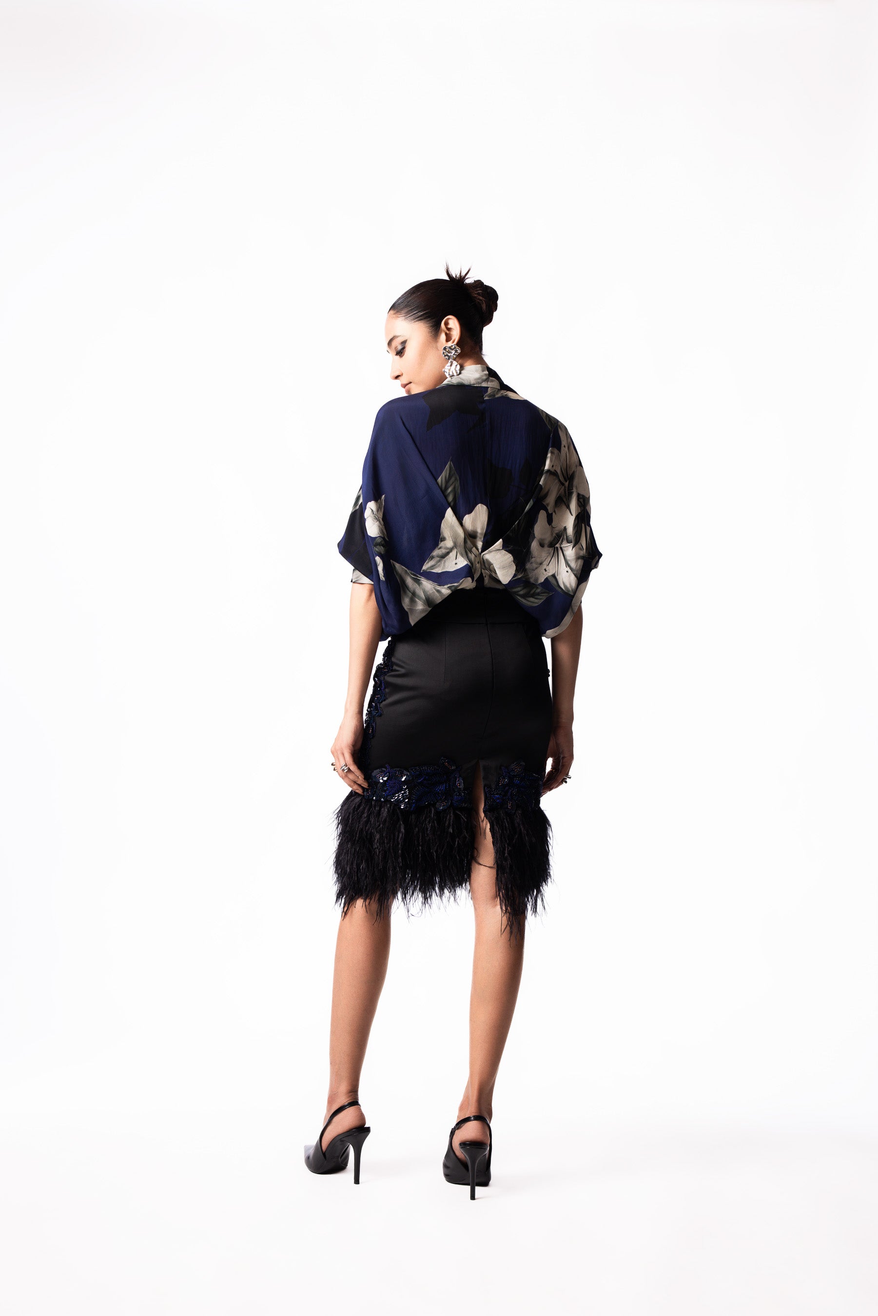 Navy Printed Peplum Shirt Feather Skirt Set