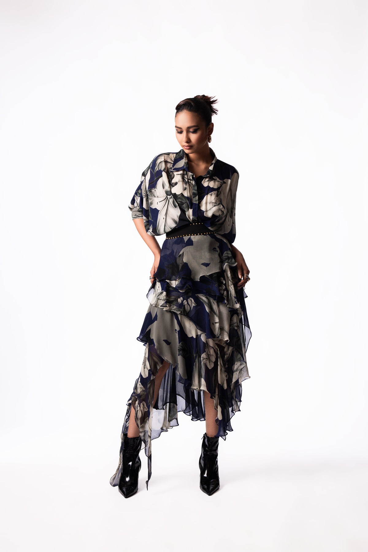 Navy Printed Peplum Shirt Chiffon Ruffle Skirt Set