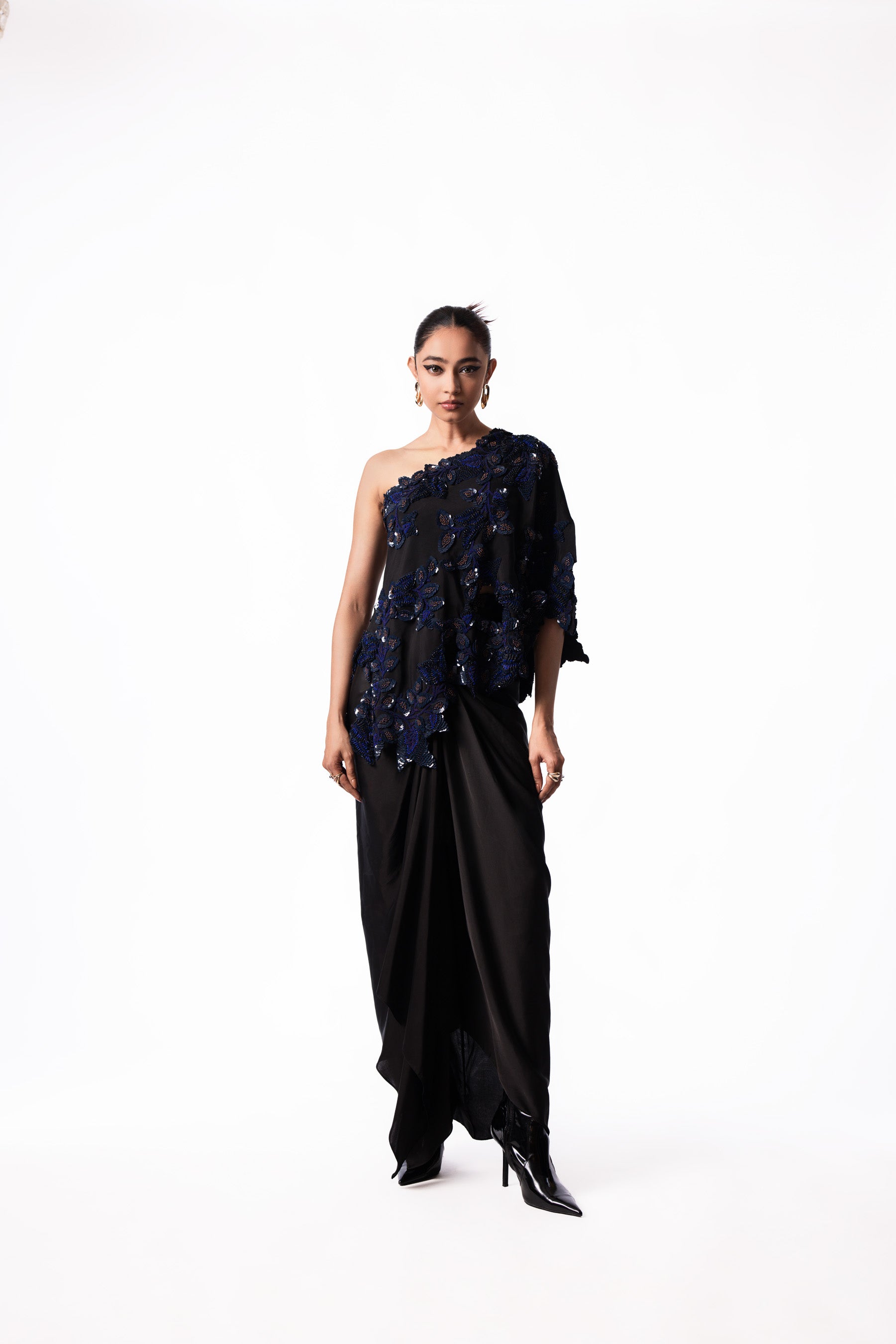 Navy Sequin One Shoulder Cape Knot Skirt Set