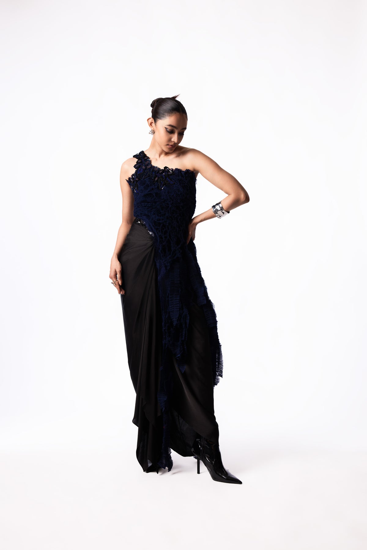 Navy Chiffon Sequin Fur Top Satin Knot Skirt Set