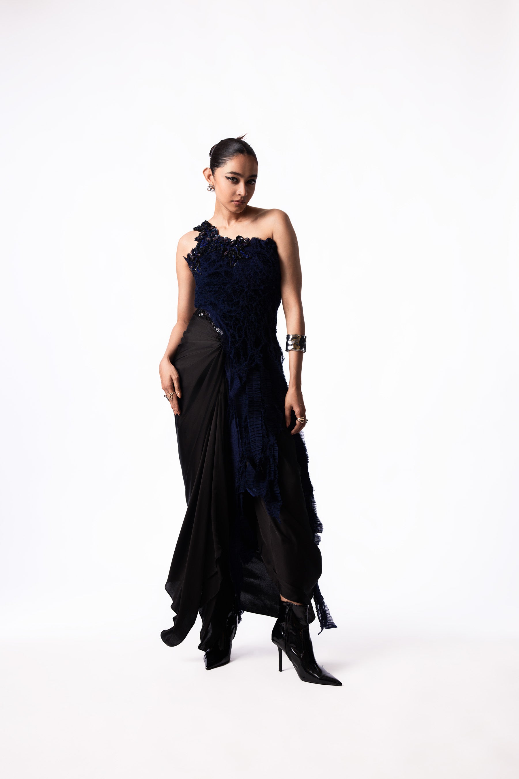 Navy Chiffon Sequin Fur Top Satin Knot Skirt Set