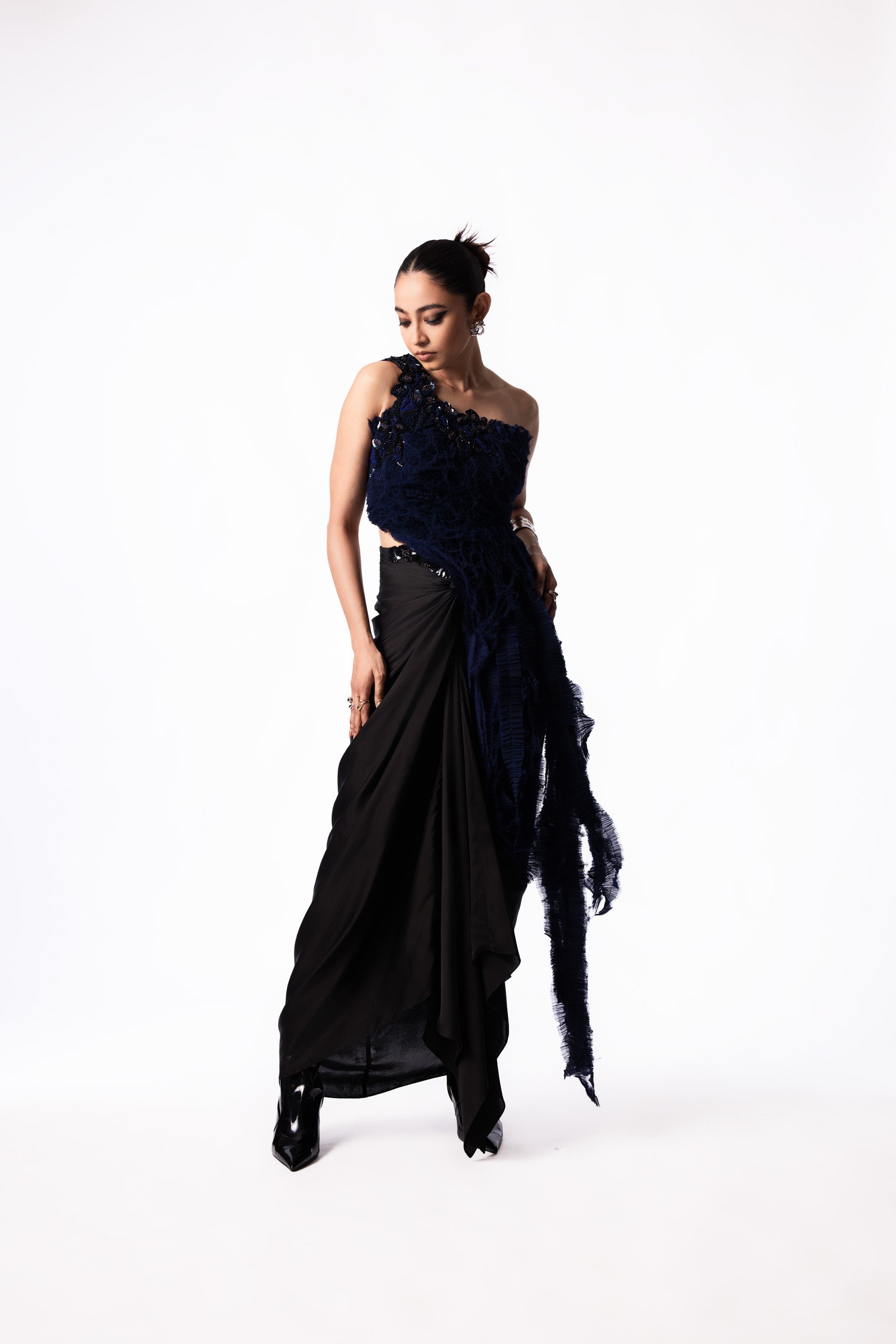 Navy Chiffon Sequin Fur Top Satin Knot Skirt Set