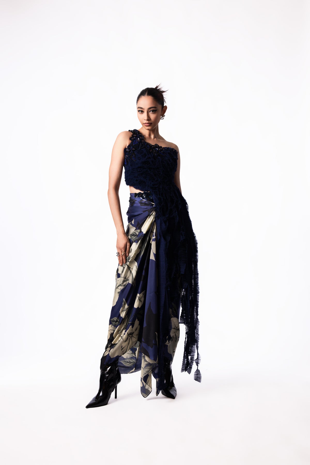 Navy Chiffon Sequin Fur Top Printed Knot Skirt Set