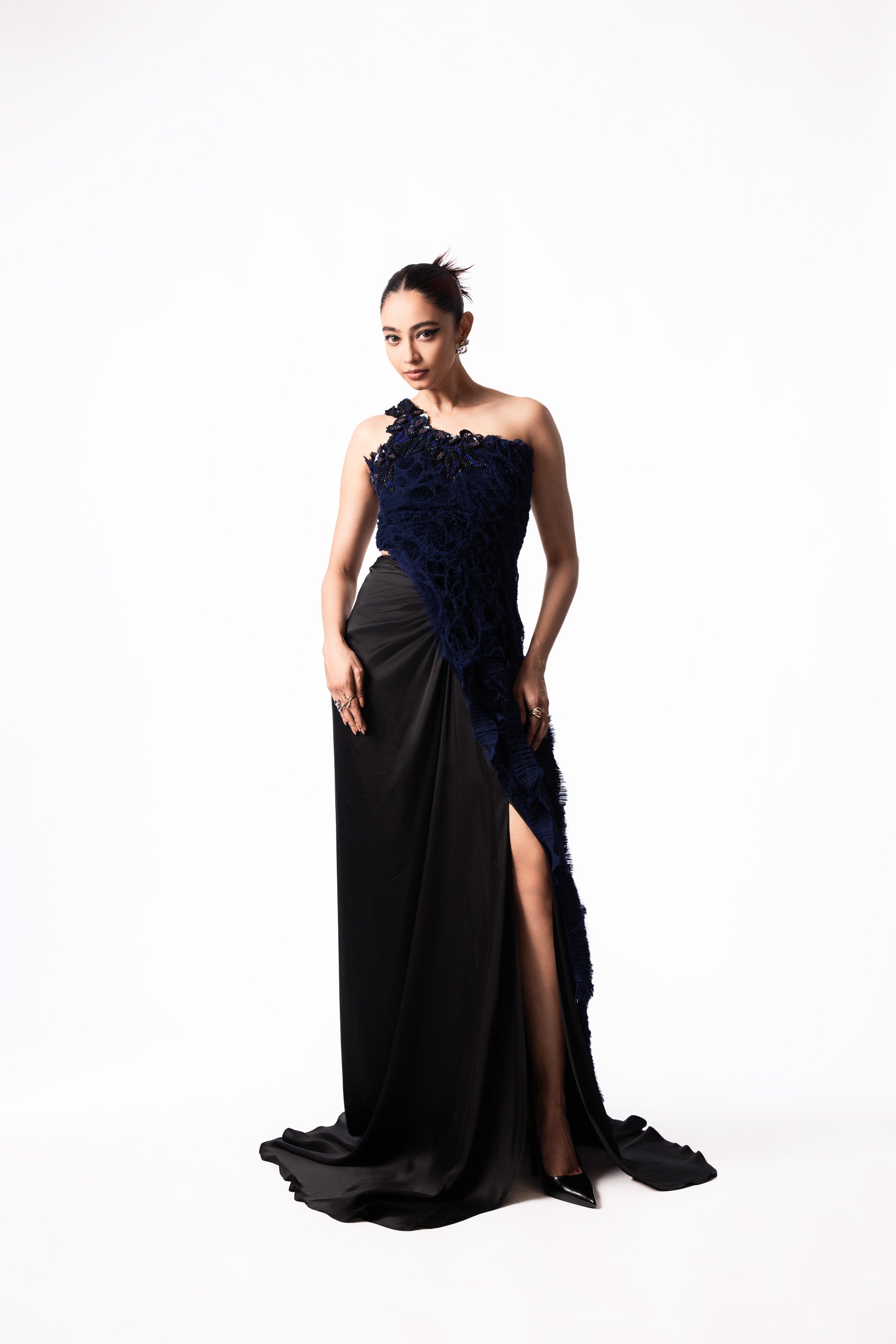 Navy Chiffon Sequin Fur Top Satin Trail Skirt Set