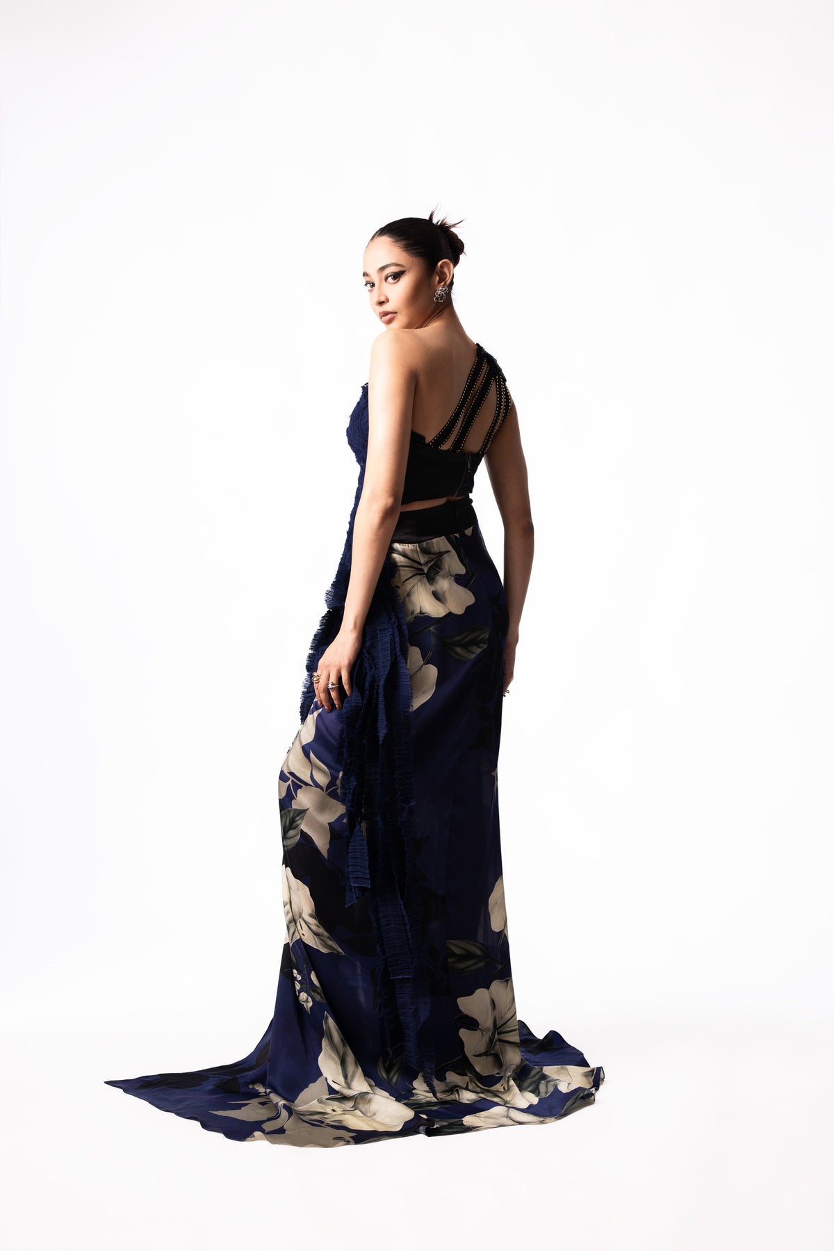Navy Chiffon Sequin Fur Top Printed Trail Skirt Set