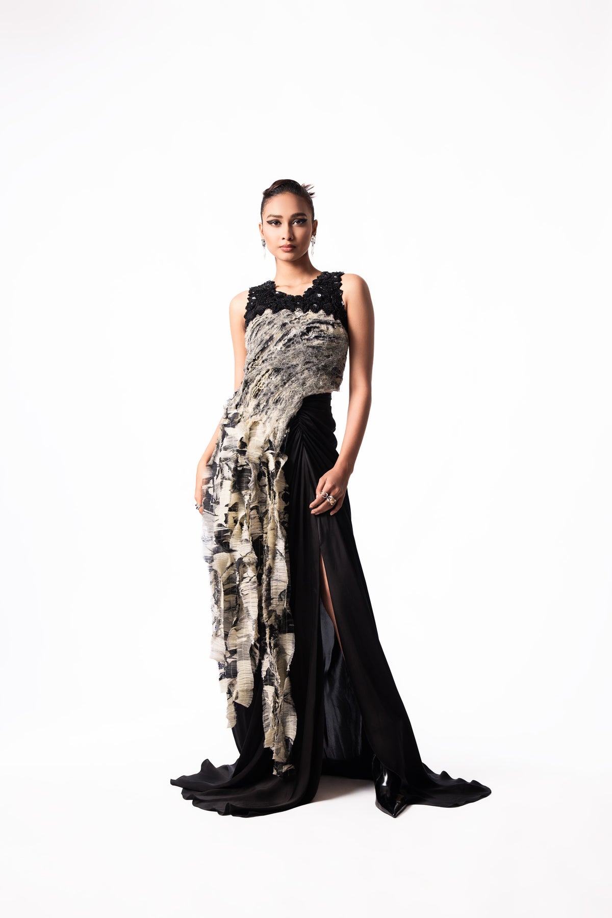 Off White Printed Chiffon Fur Top Trail Skirt Set