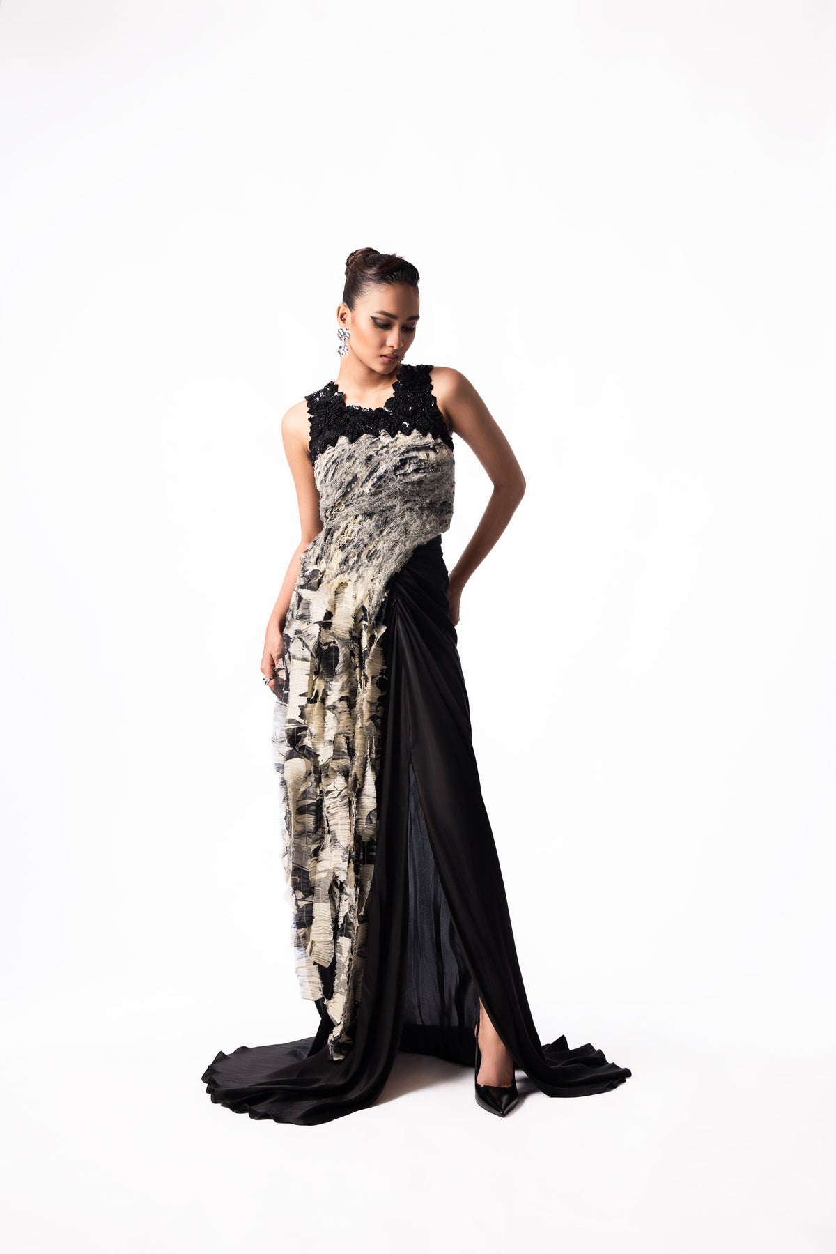 Off White Printed Chiffon Fur Top Trail Skirt Set