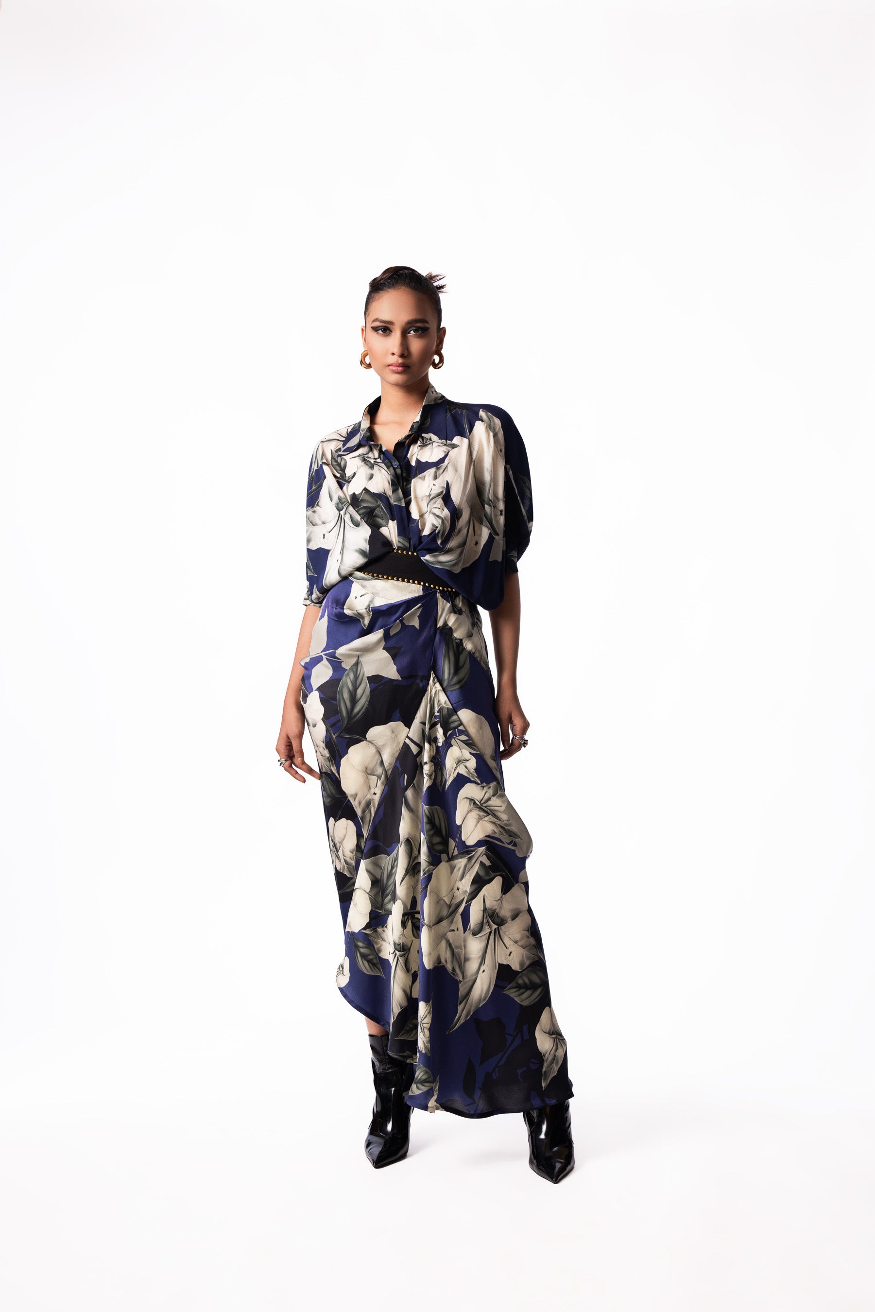 Navy Printed Peplum Shirt Fish Pick Up Skirt Set