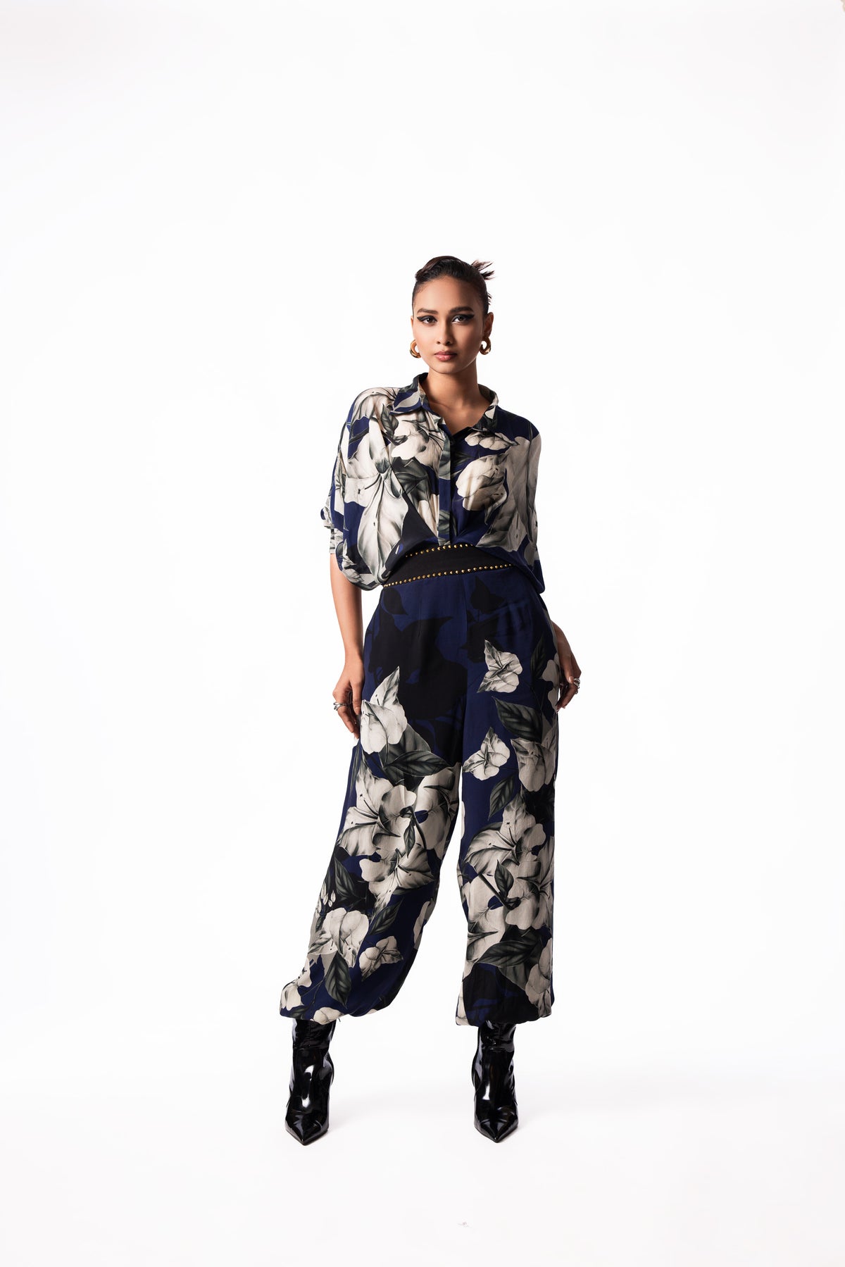 Navy Printed Peplum Shirt Balloon Pant Set