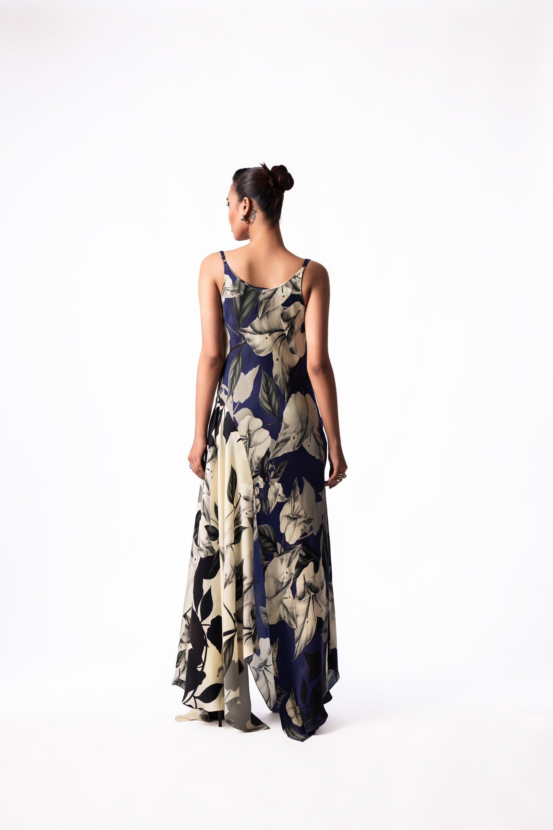 Navy Printed Satin Cowl Dress