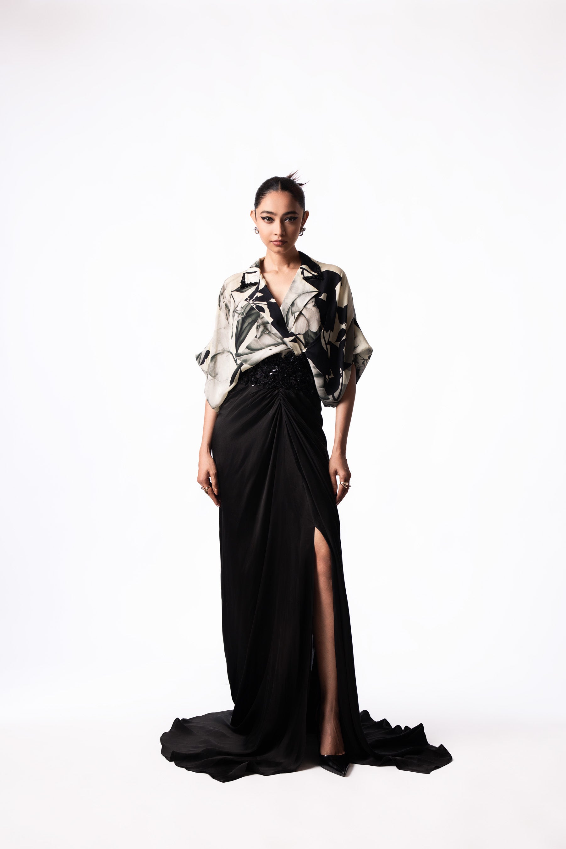 Off White Top Black Satin Draped Trail Dress
