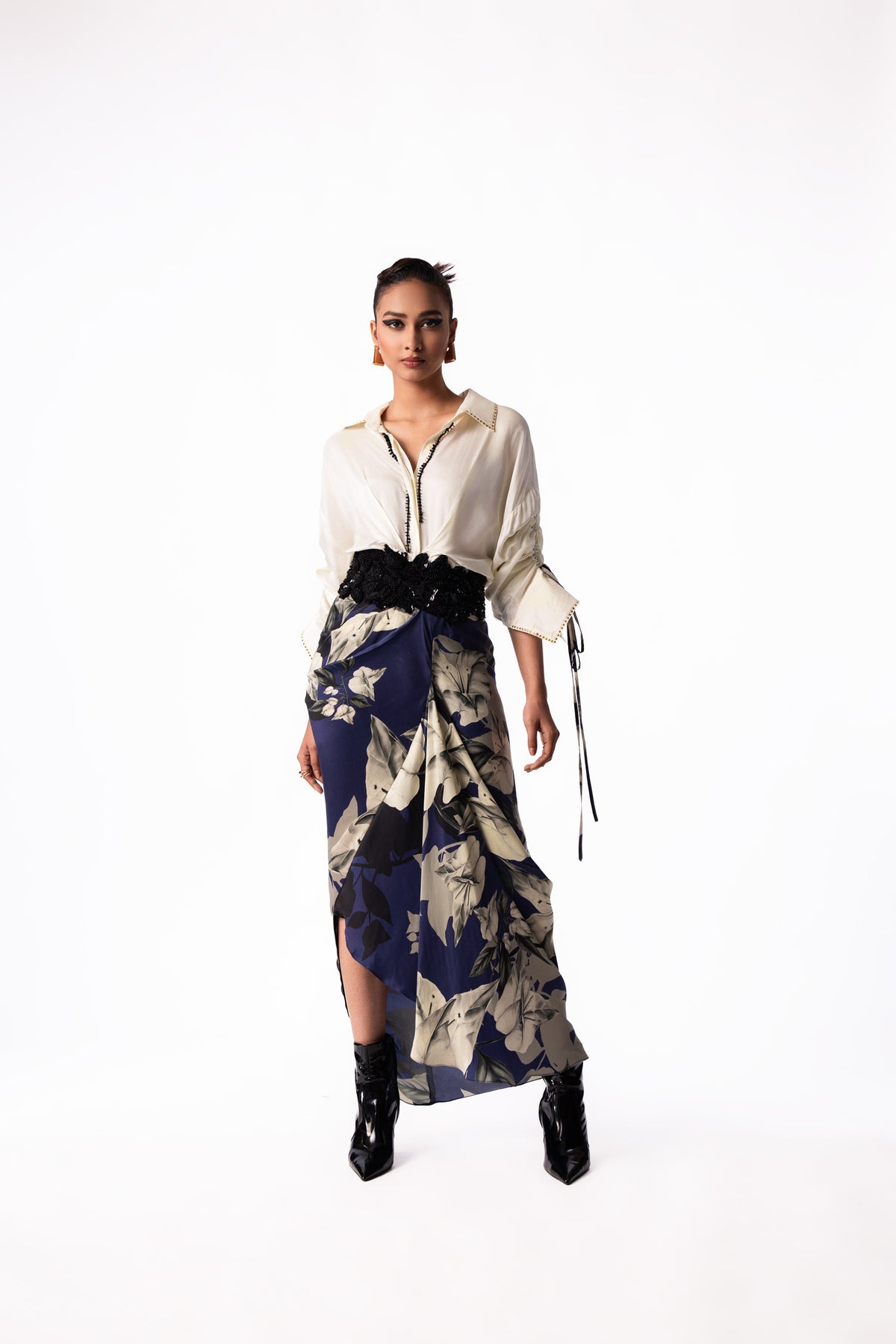 Off White Top Navy Printed Satin Pick Up Dress