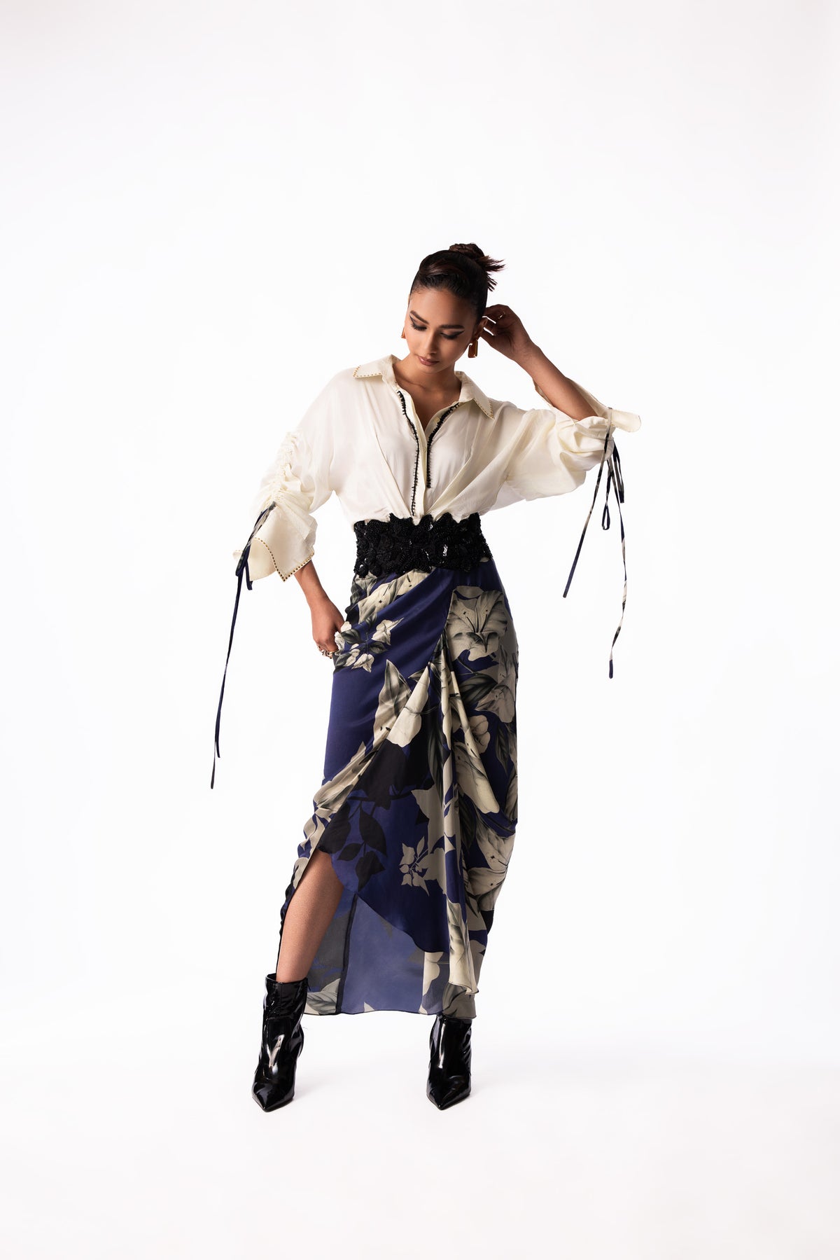 Off White Top Navy Printed Satin Pick Up Dress