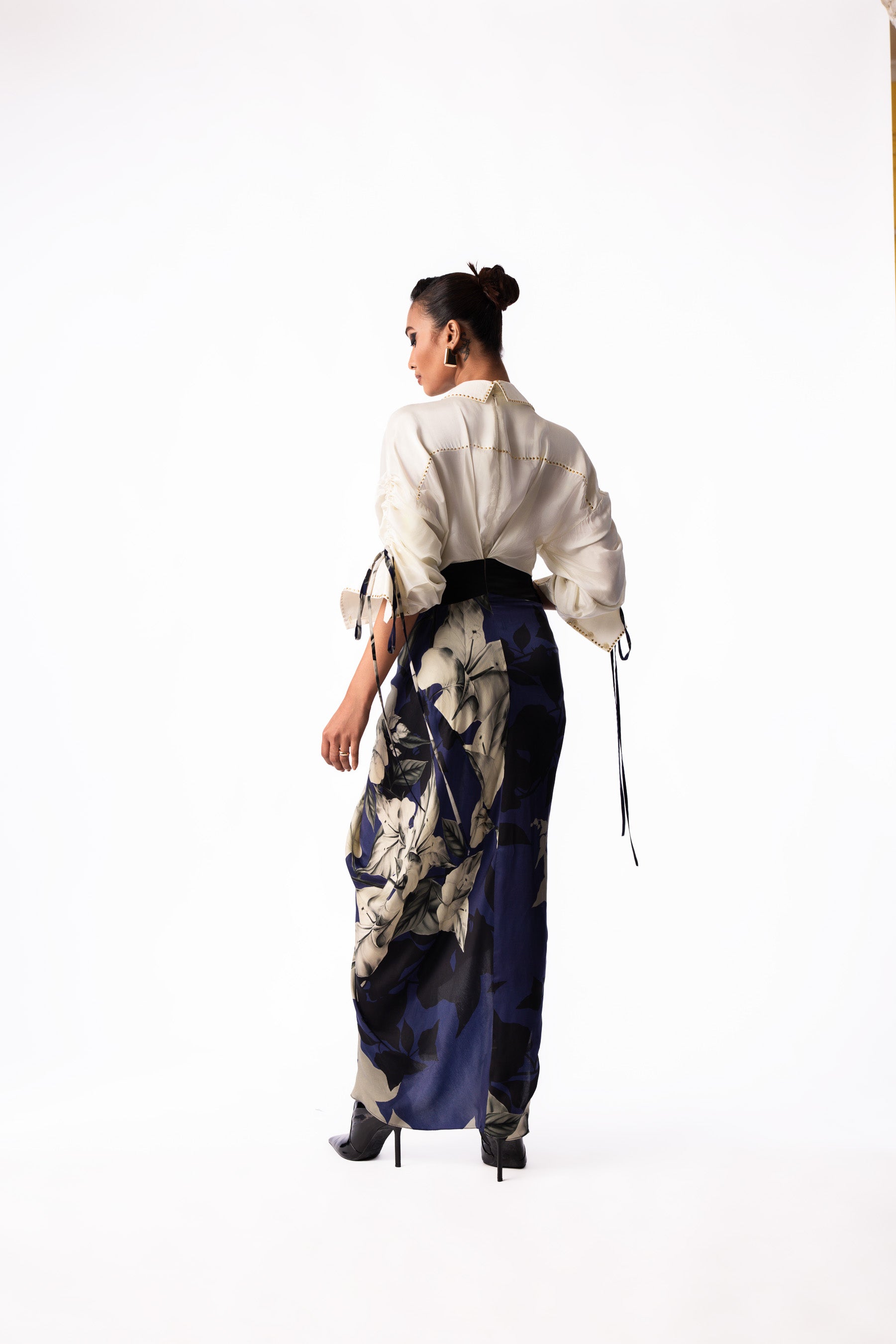 Off White Top Navy Printed Satin Pick Up Dress