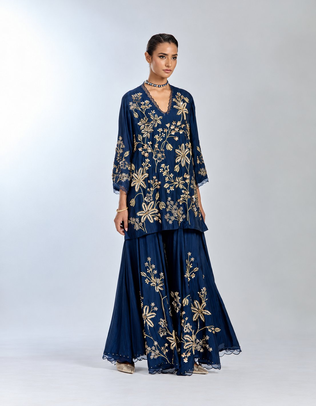 Navy silk sharara set with intricate floral hand embroidery