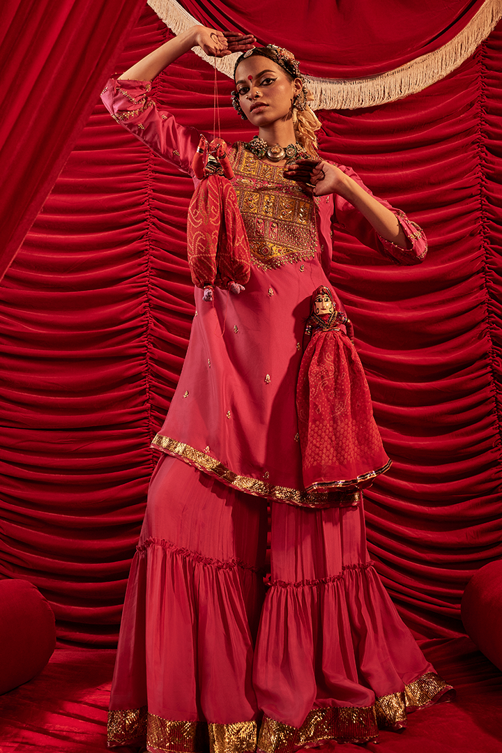 Nitara Handwoven Silk Kurta Sharara Dupatta Set: Exquisite Zardozi & Gota Embroidery