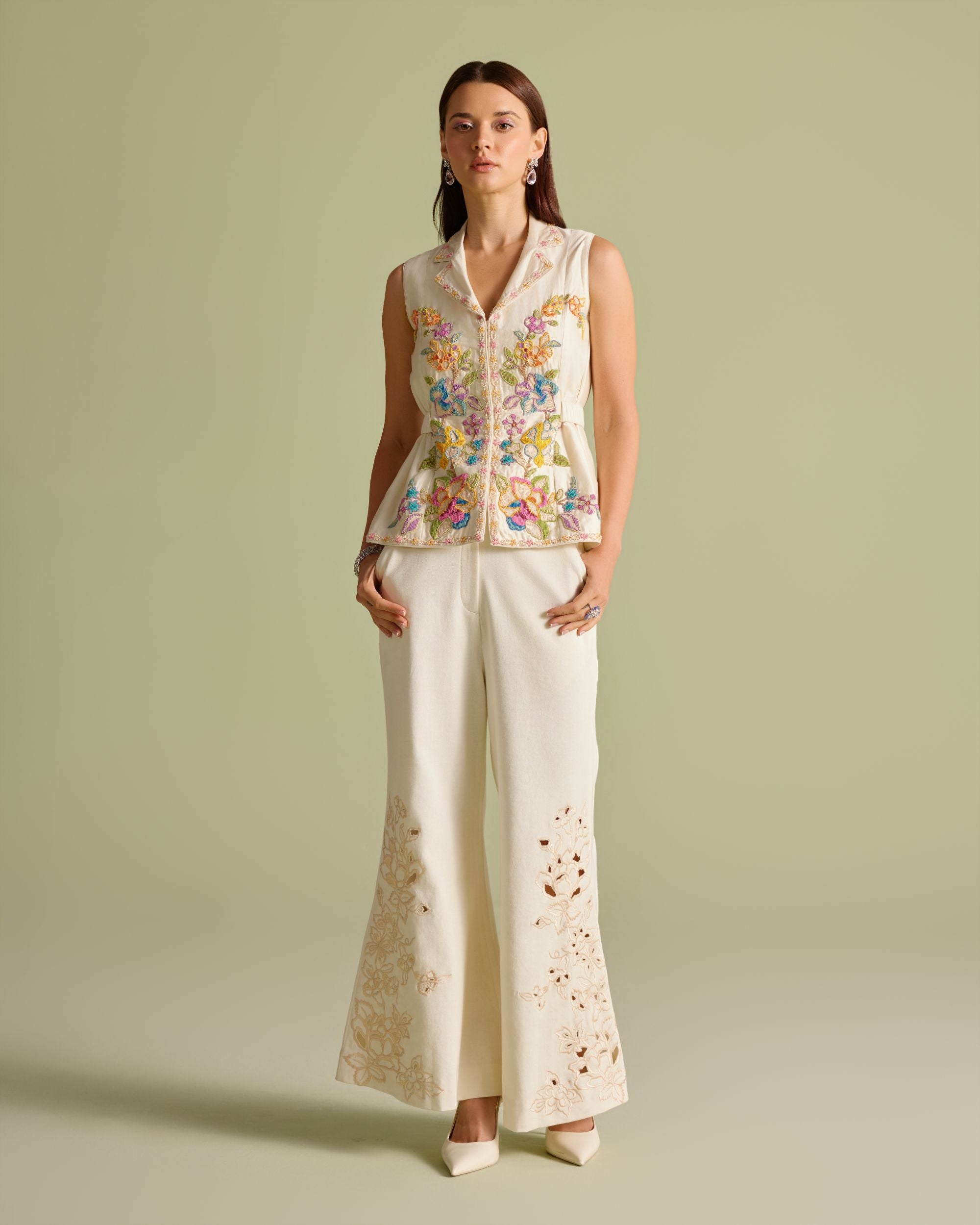 Ivory Cutwork Flared Pants