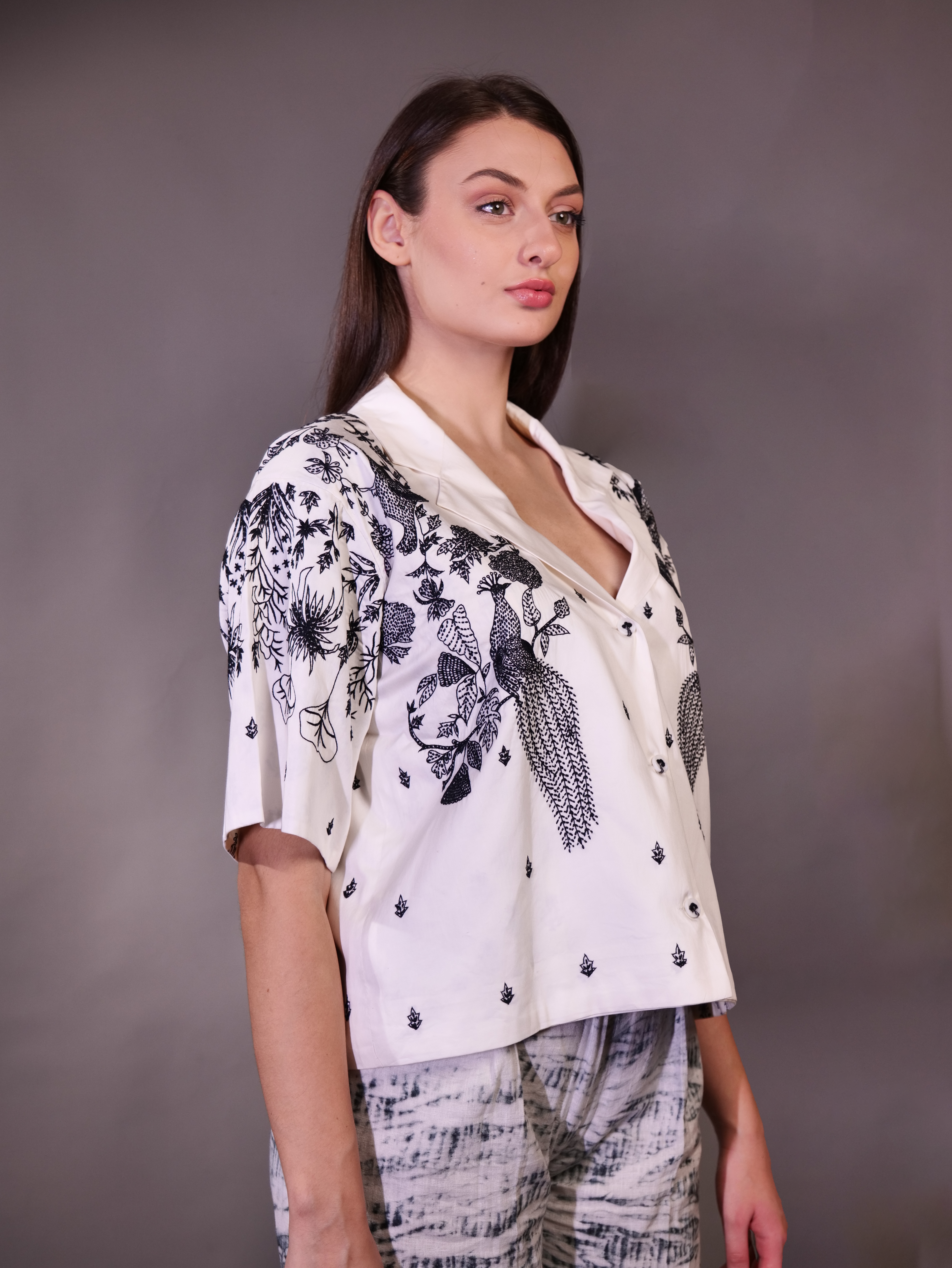 Kantha Hand Embroidery Giza Cotton Shirt and Shades Of Dark Grey and Black Shibori Tie and Dye Detail Trouser