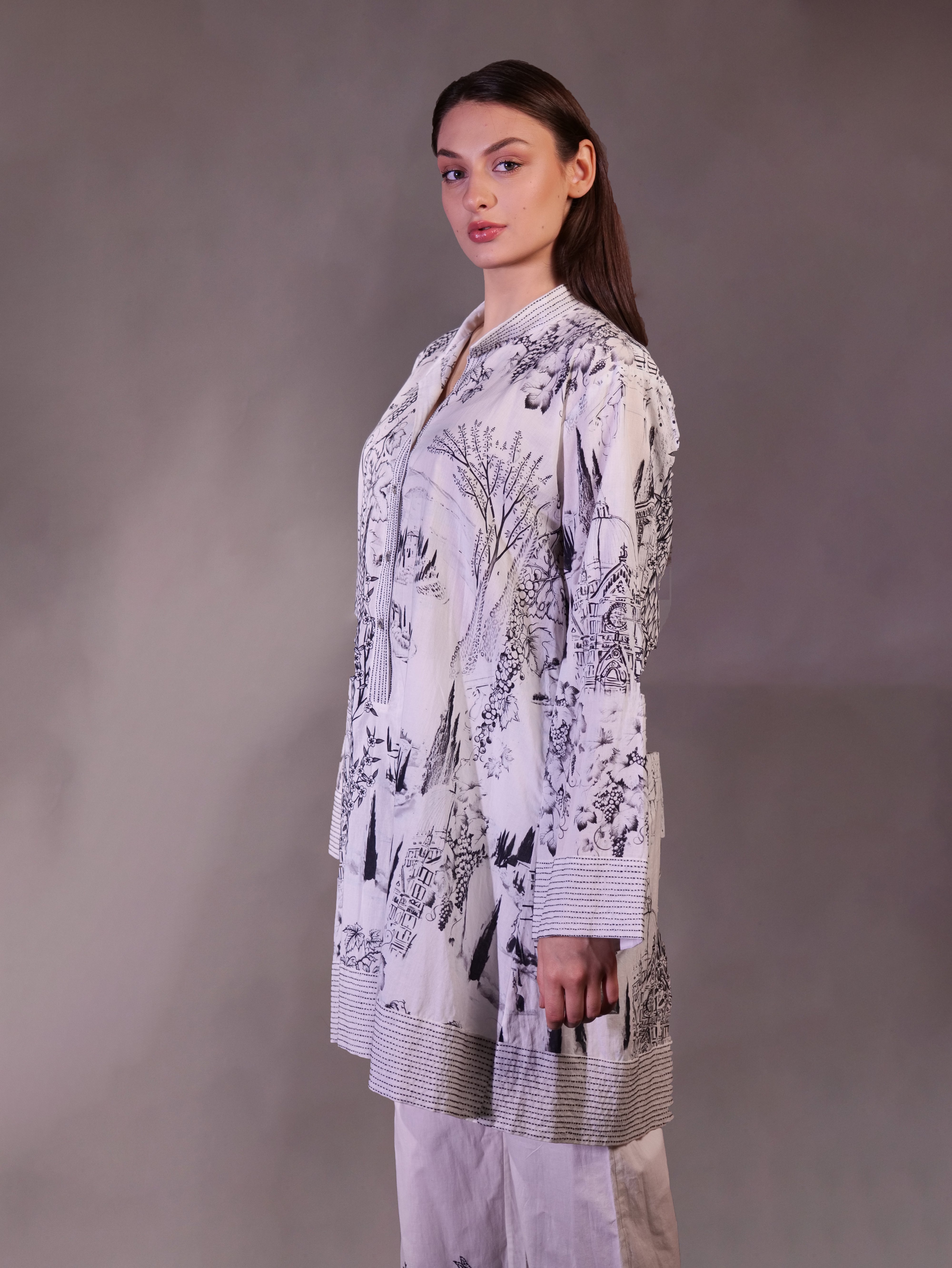 Printed Tunic with Kantha and Aari hand work Trousers