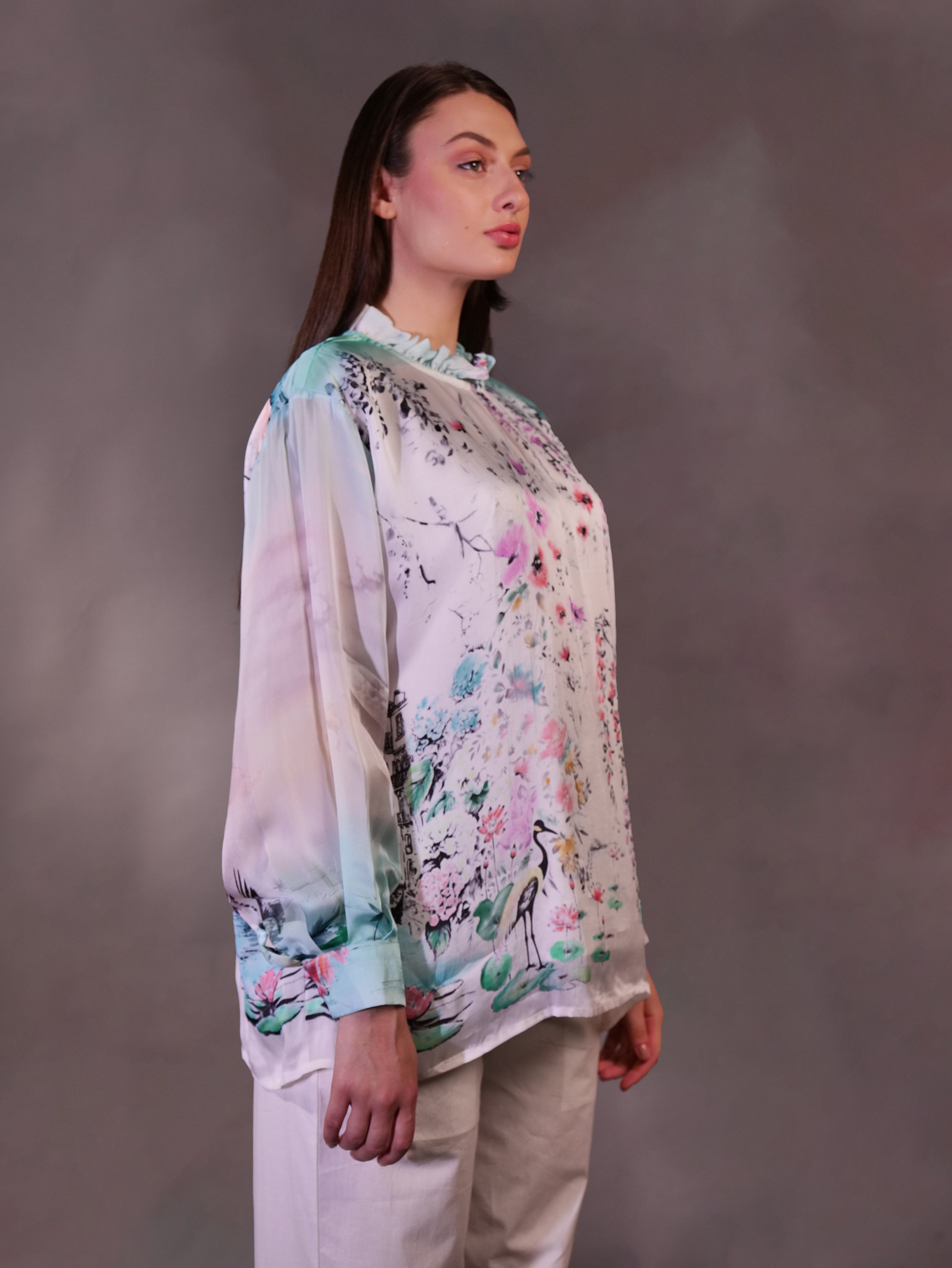 Silk Organza Printed Top with Cotton Trousers
