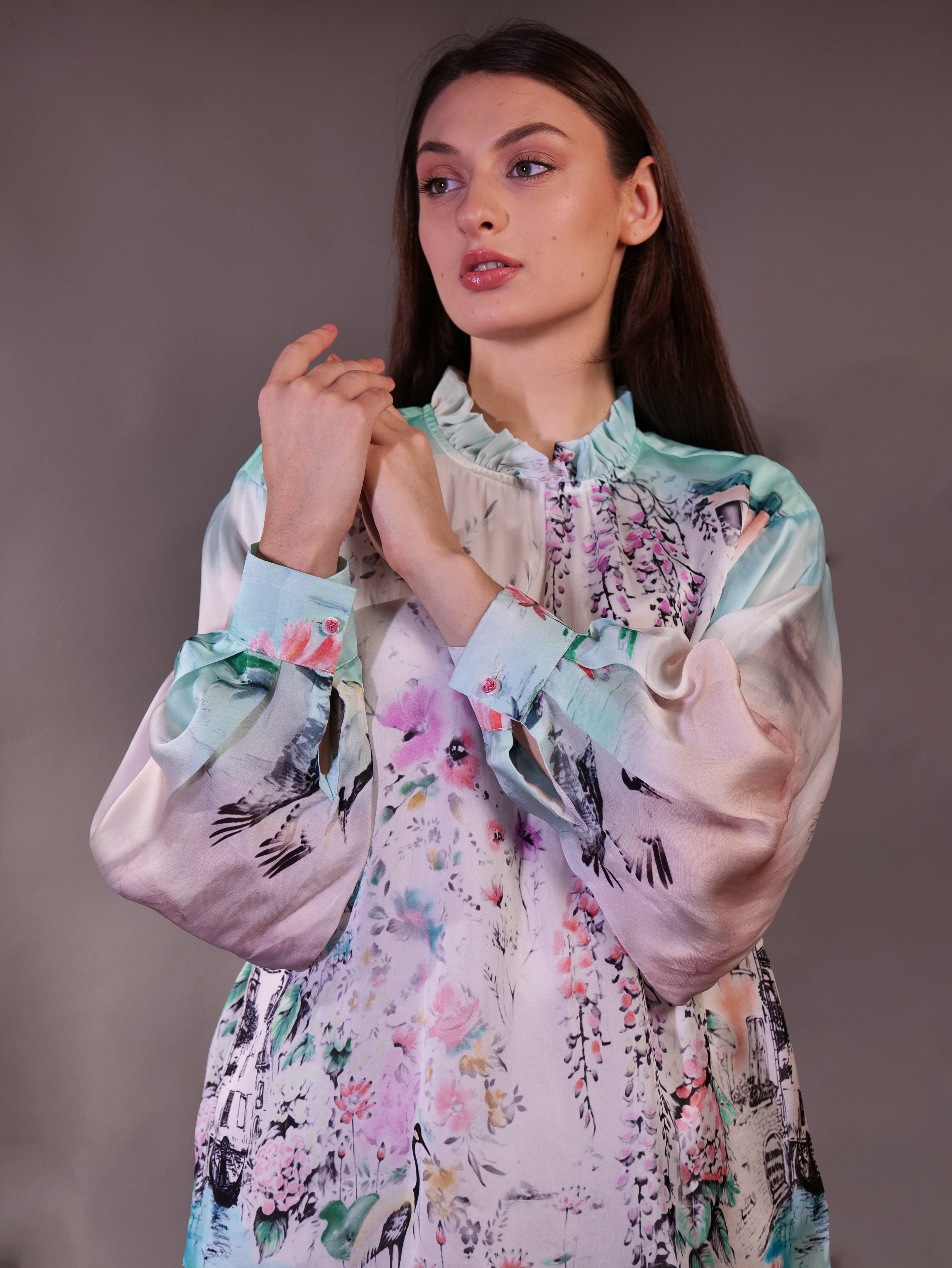 Silk Organza Printed Top with Cotton Trousers