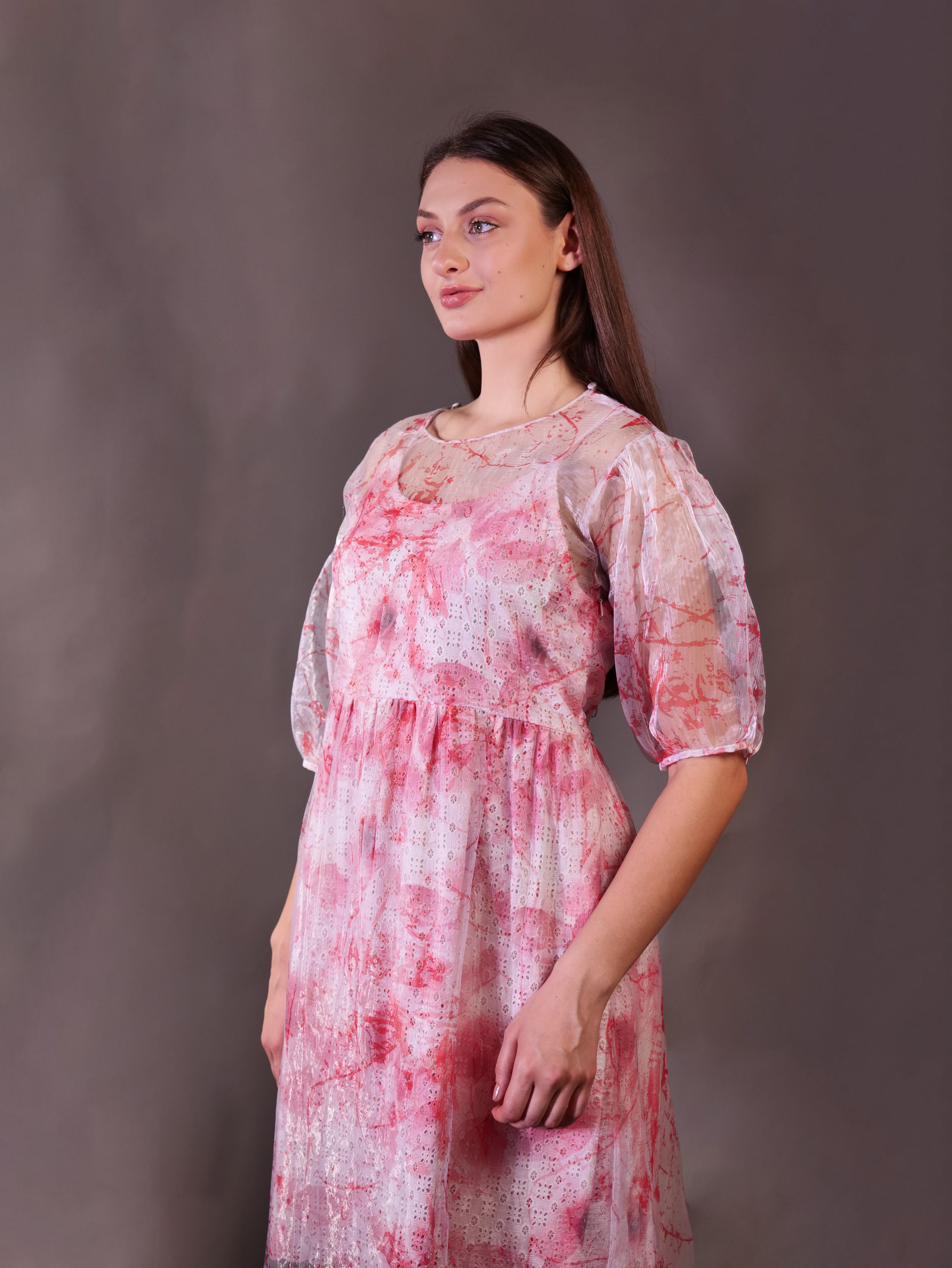 Organza Printed Dress layered over Schiffli Slip Dress