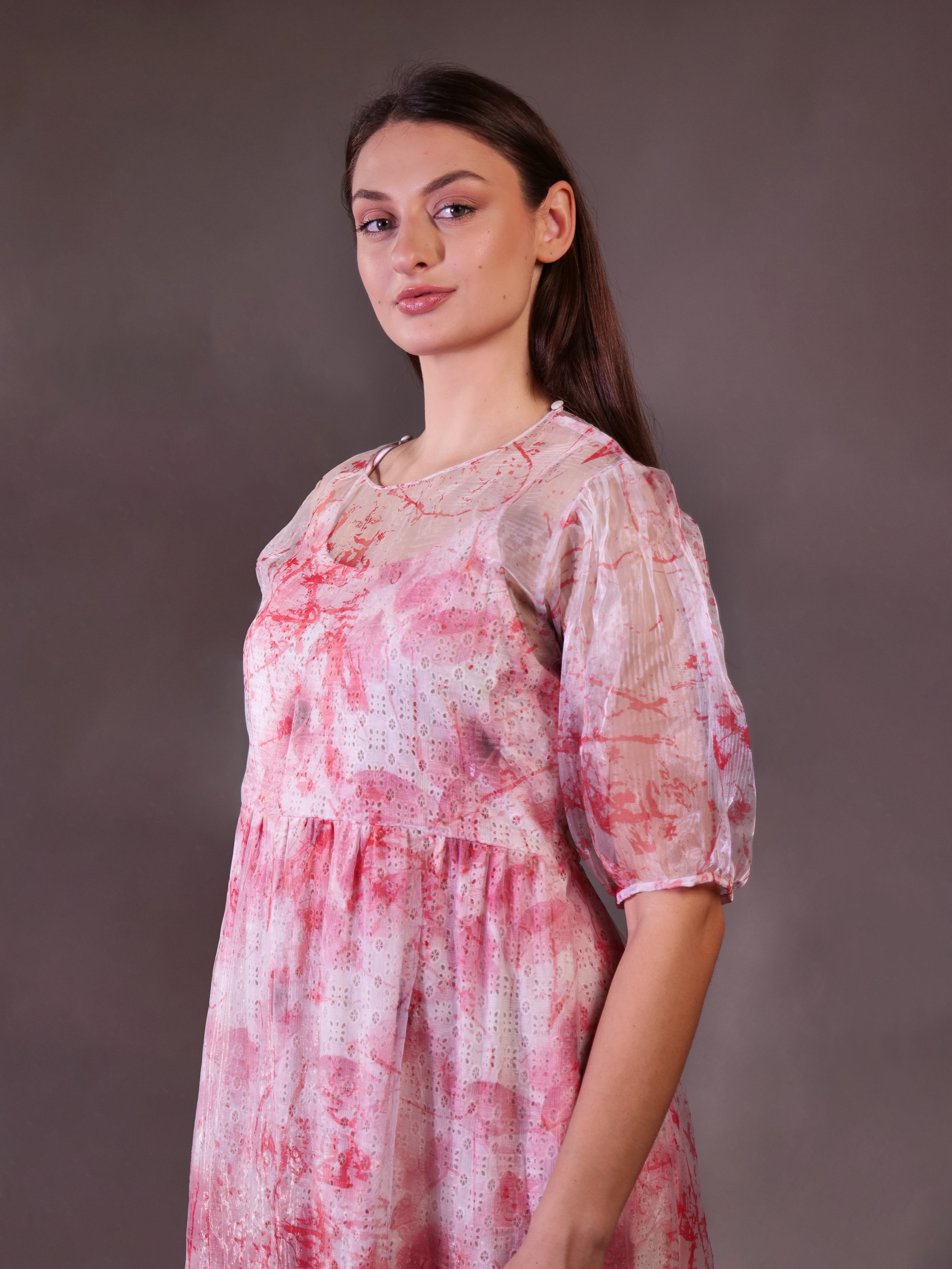 Organza Printed Dress layered over Schiffli Slip Dress