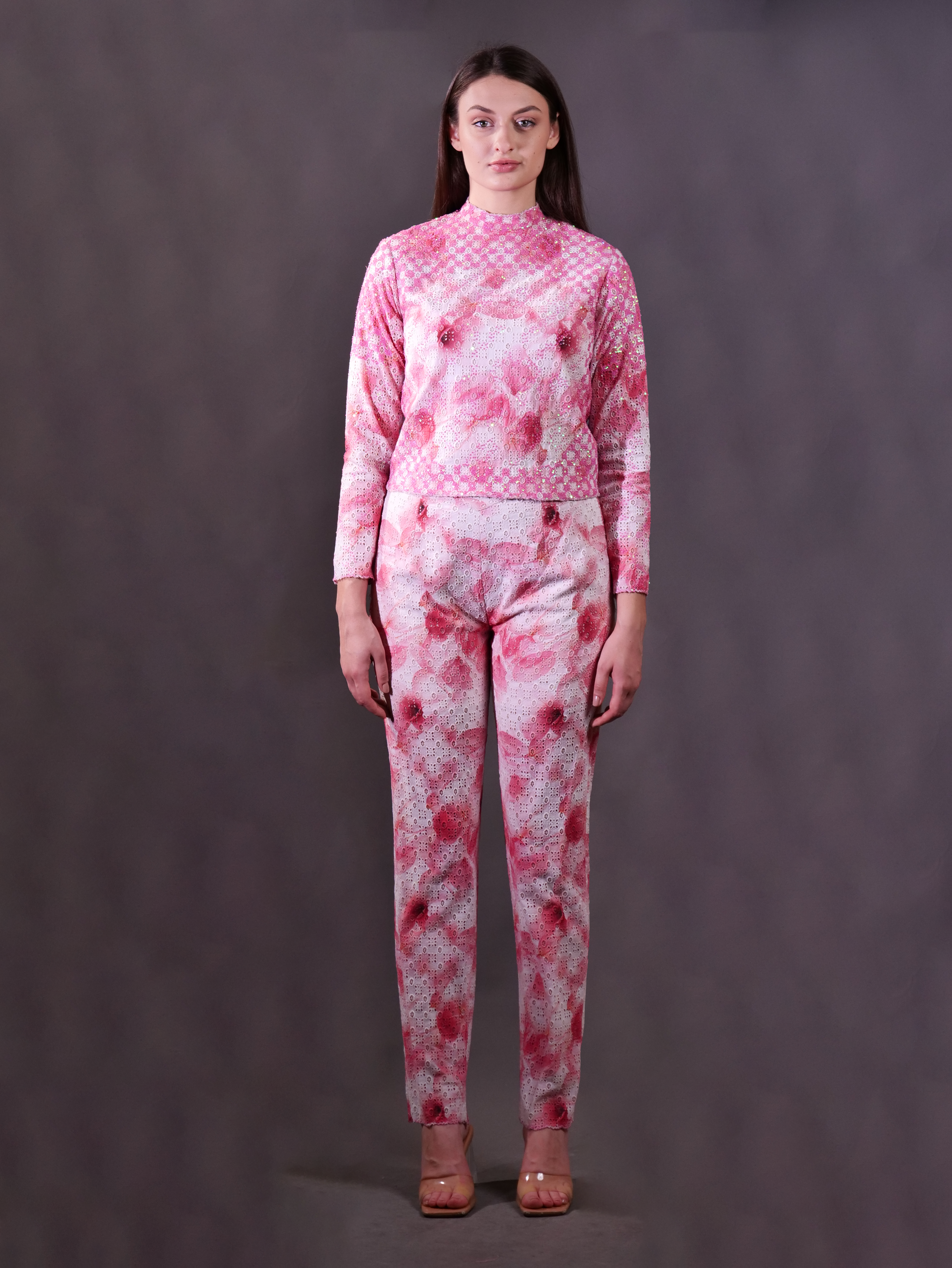 Schiffli Printed Top with Embellishment and Schiffli printed Trousers