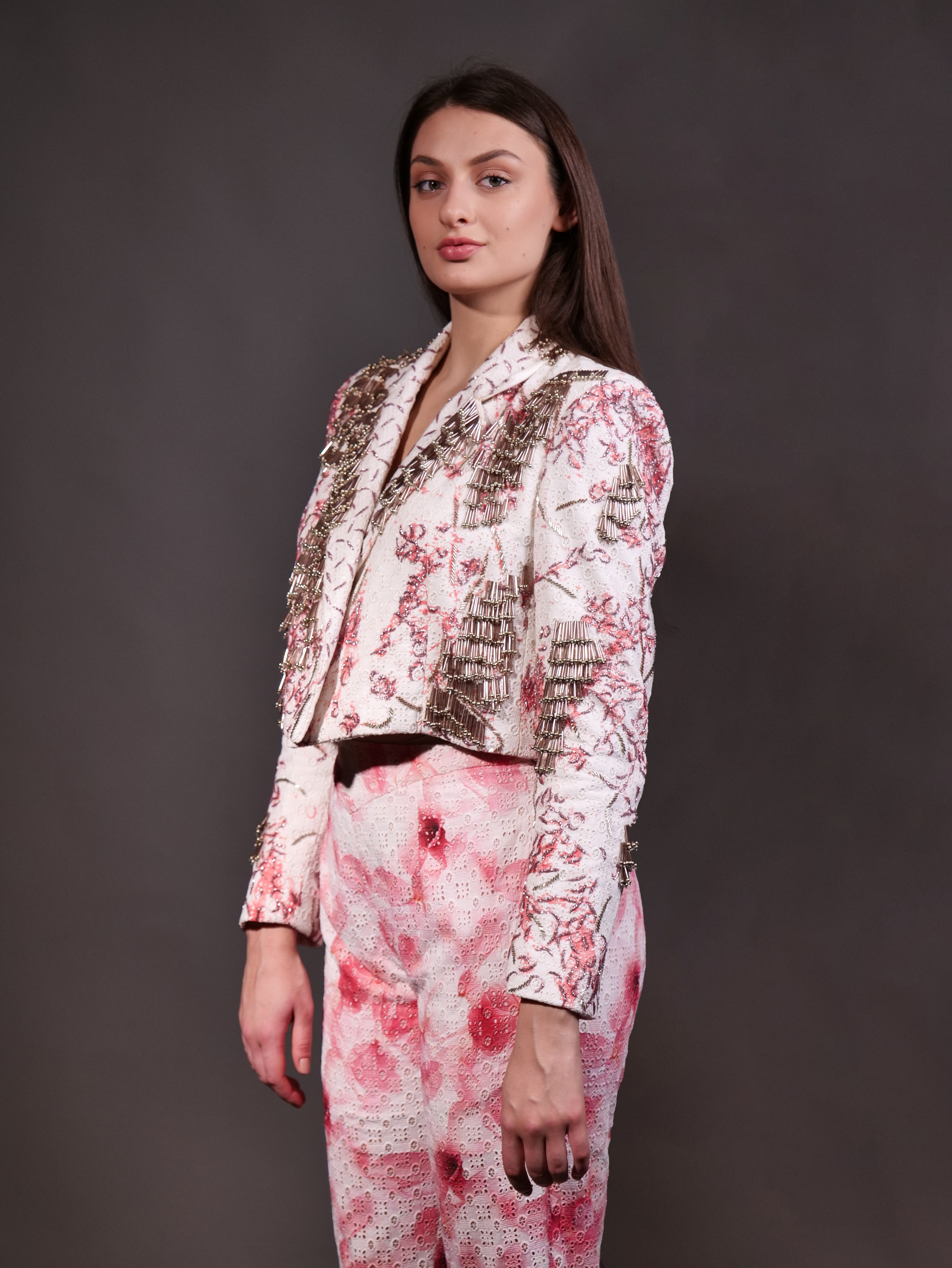 Embellished Schiffli Printed Jacket paired with Schiffli Trousers