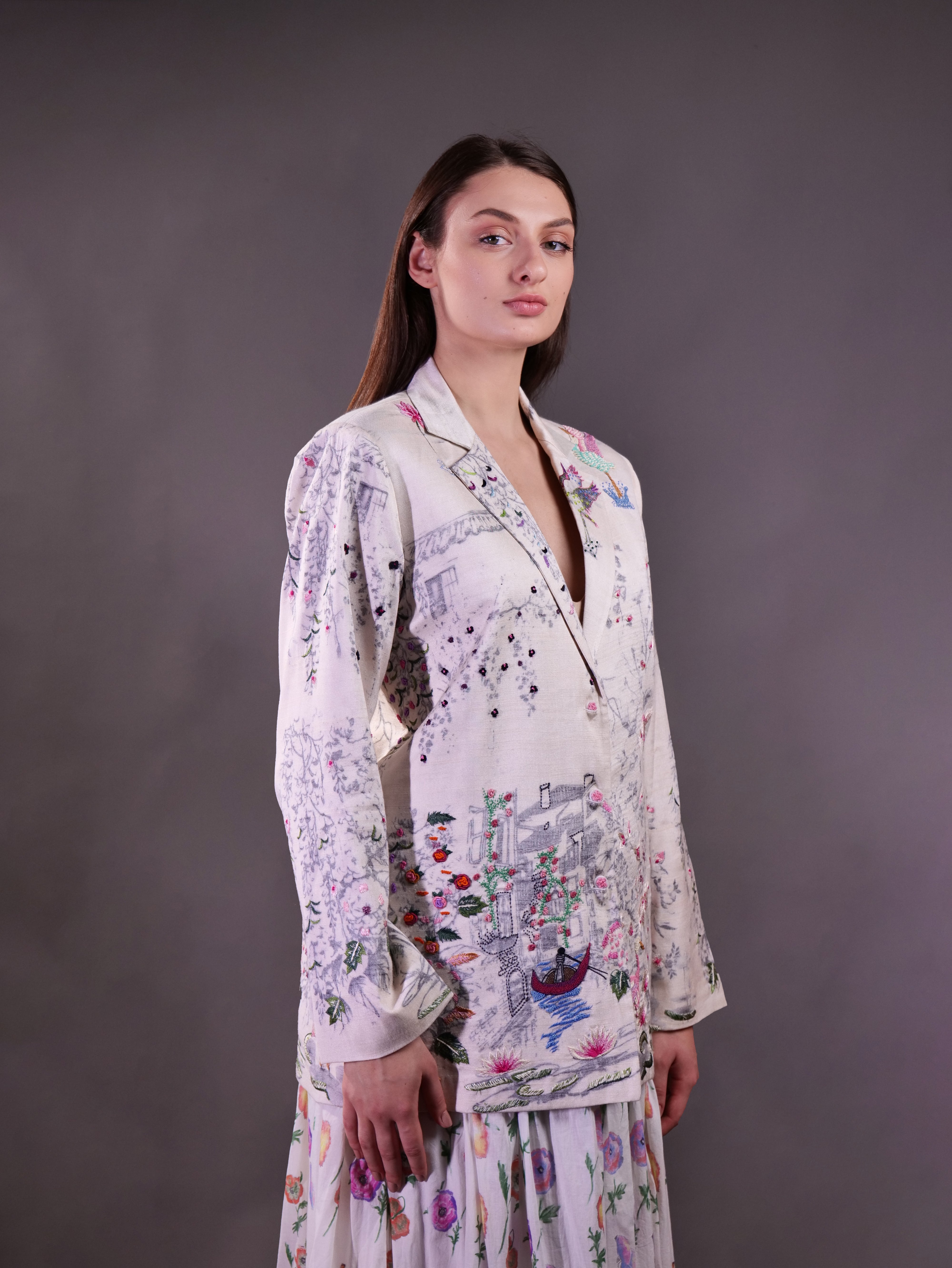 Matka Silk Printed and Embroidered Jacket paired with printed cotton skirt
