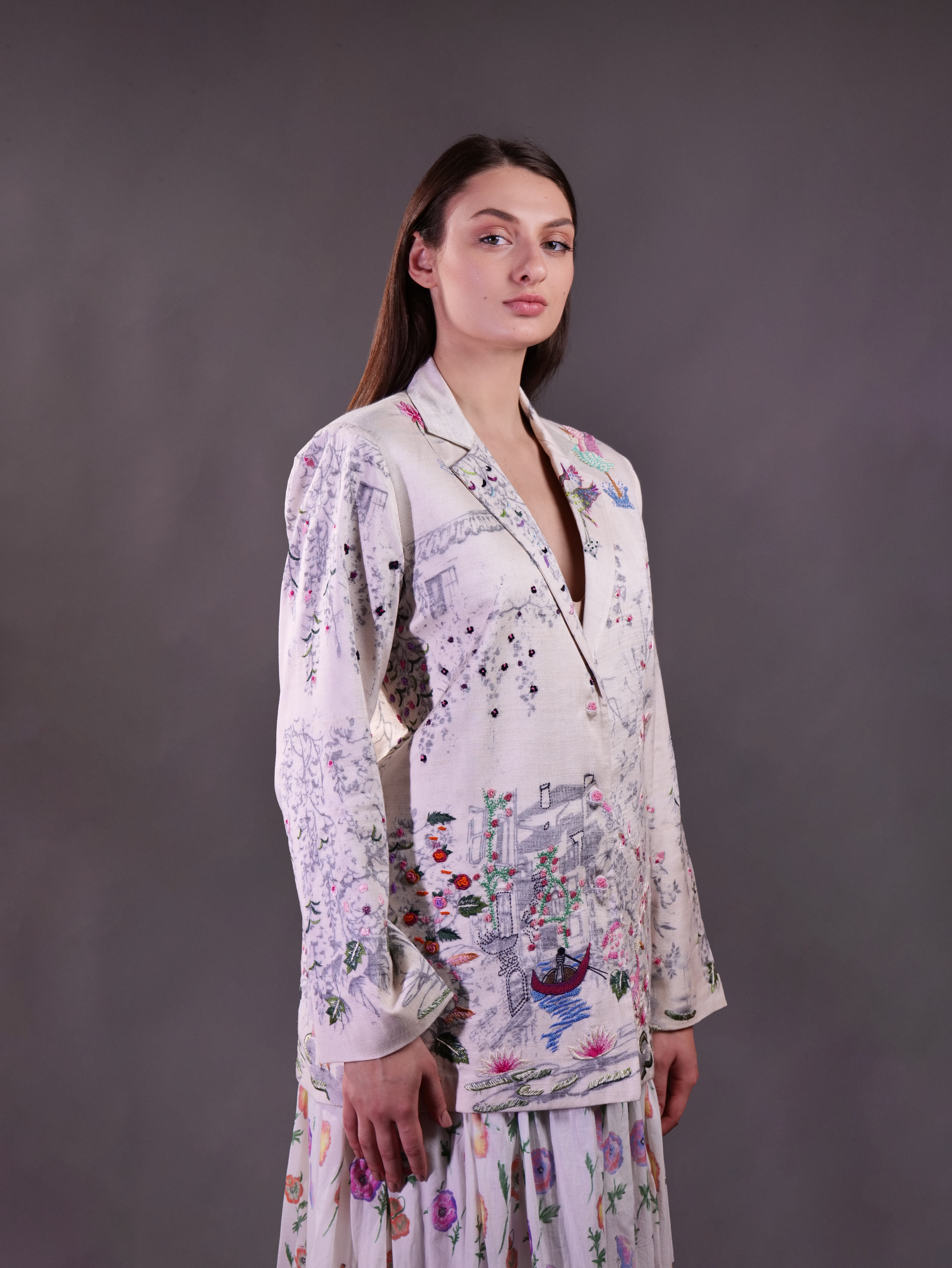 Matka Silk Printed and Embroidered Jacket paired with printed cotton skirt