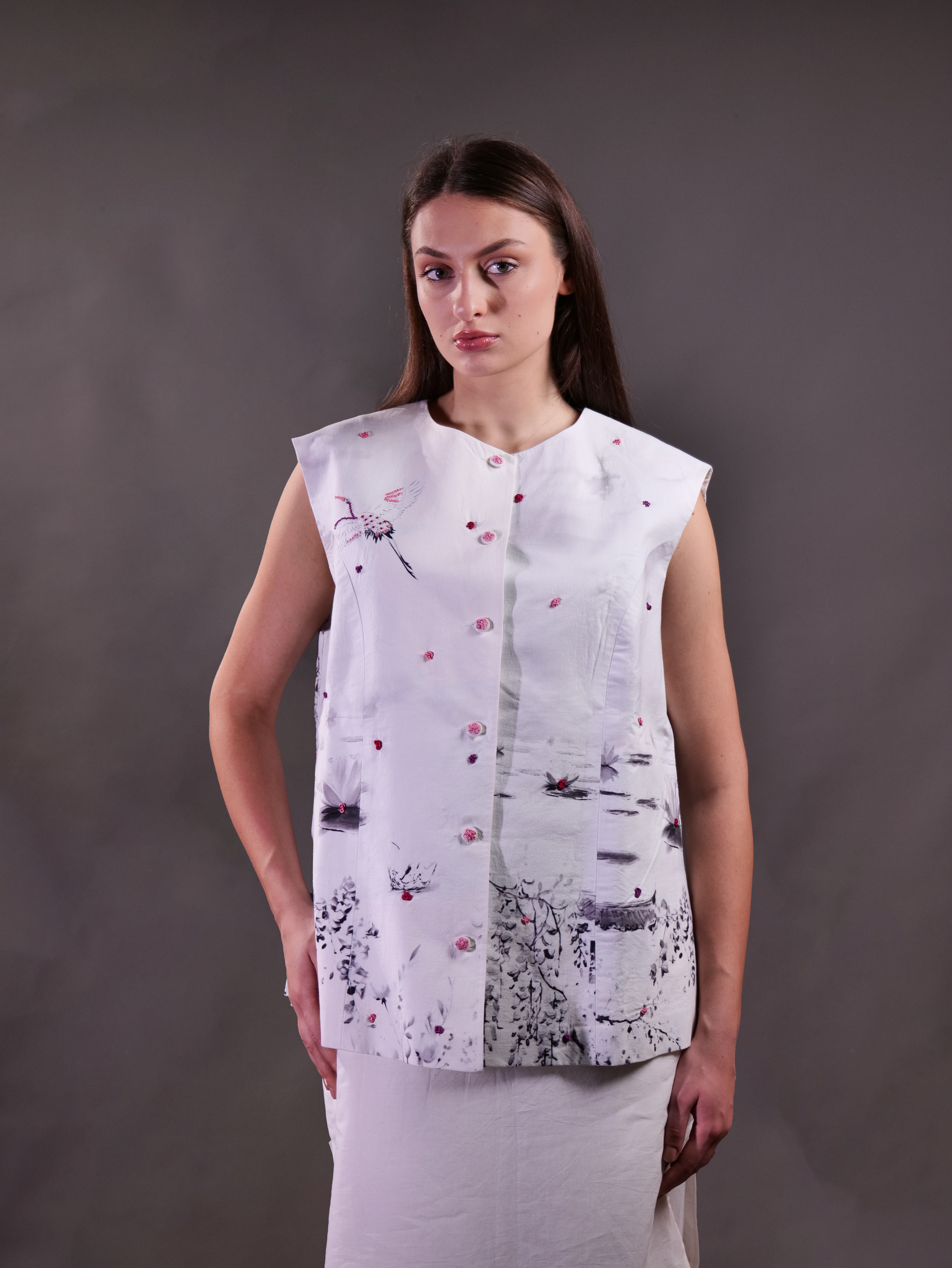 Printed Waistcoat with embroidery highlight and Kantha Embroidery Trousers